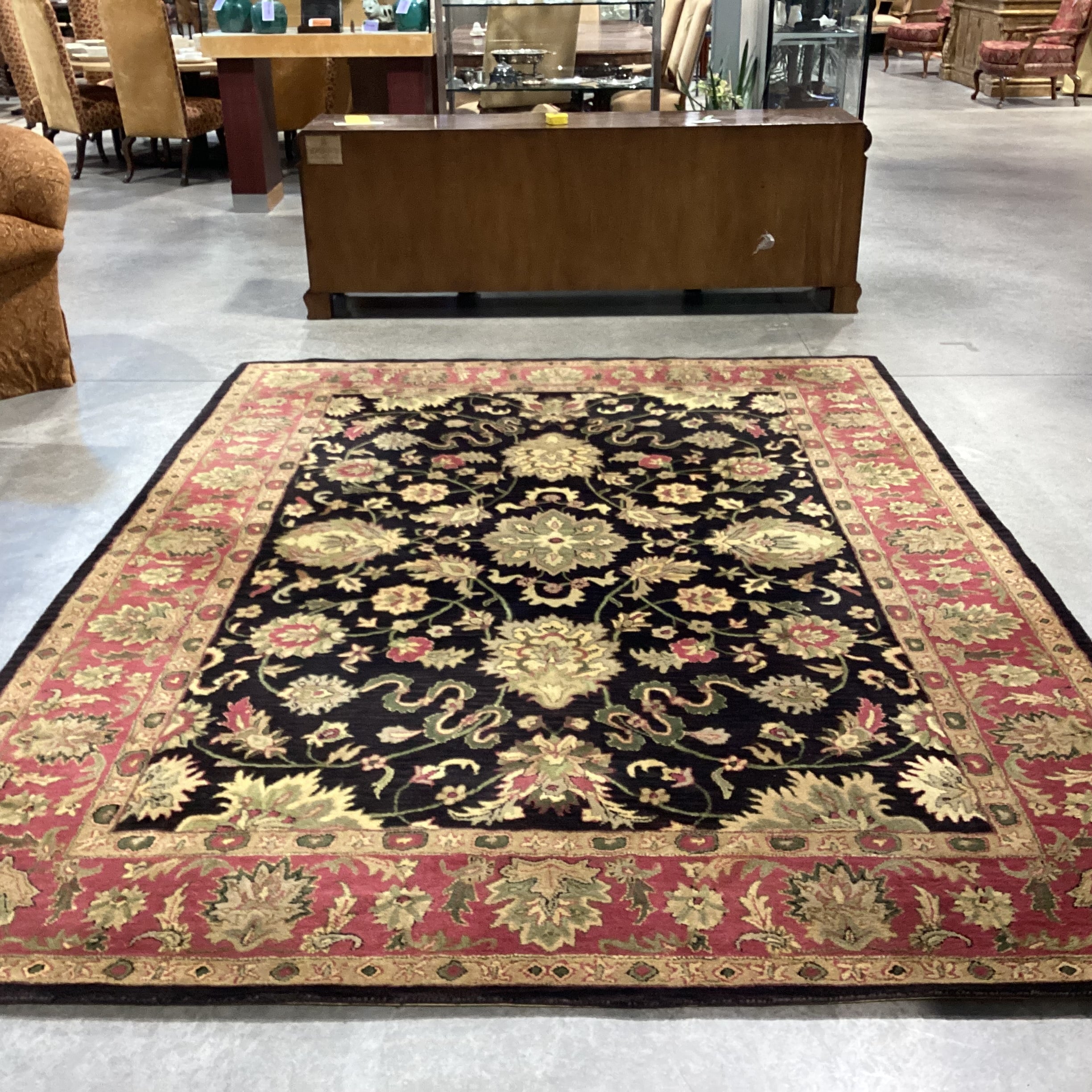 Black Gold & Red Floral Wool Rug 7'10"x 10'11"