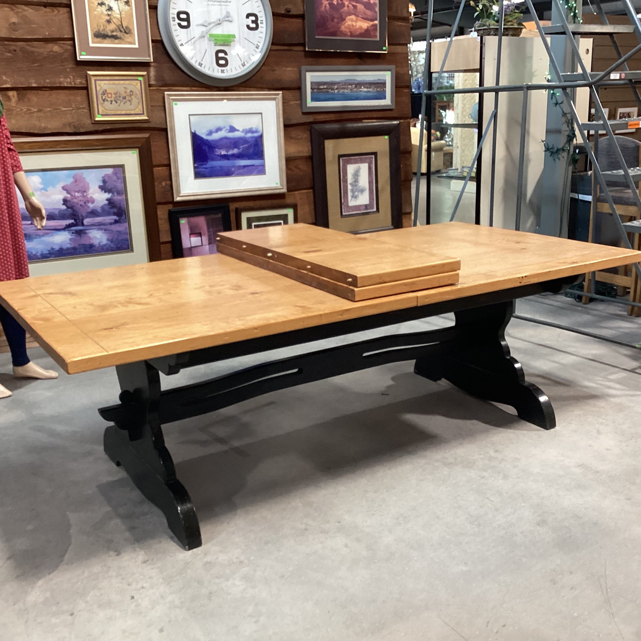 Solid Natural & Dark Green Wood Farmhouse Style with Trestle & 2 Leaves Dining Table 96" to 132"x 47.5"x 31"