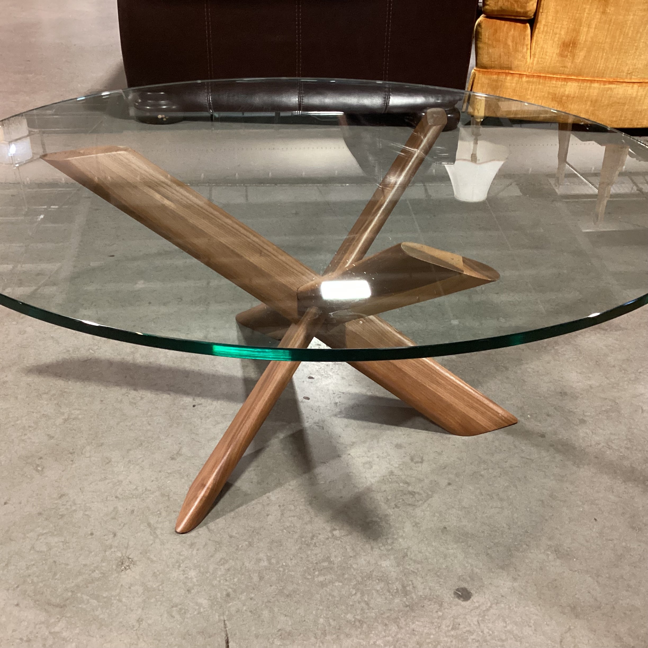 Mid Century Modern Style Walnut with Round Glass Coffee Table 36" Diameter x 15"