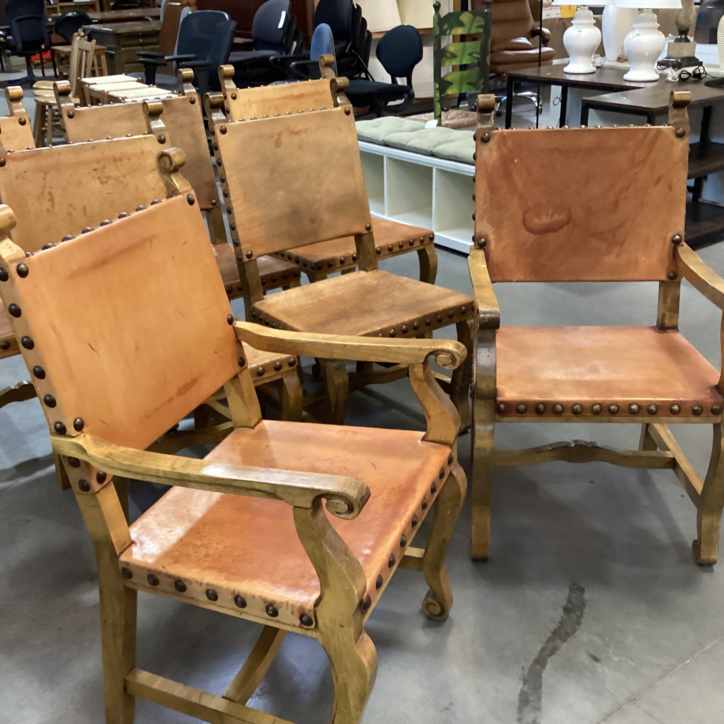 Set of 7 Carved Wood & Leather Nail Head Rustic Dining Chairs 23"x 24"x 41"