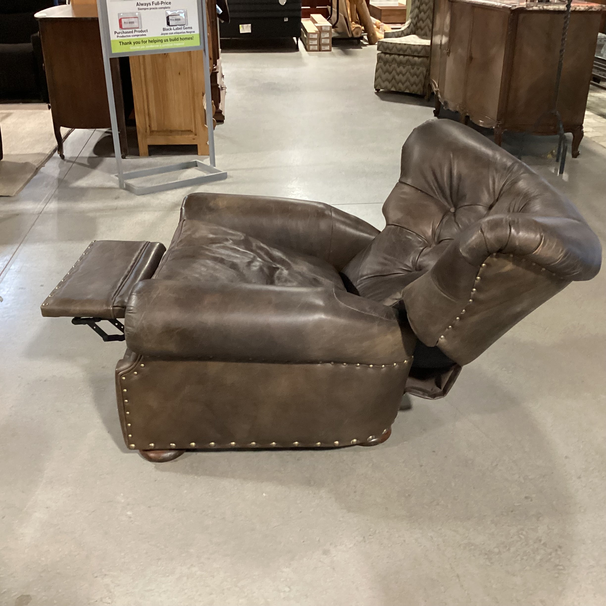 Restoration Hardware Taupe Brown Leather Tufted Nailhead Recliner Chair 42"x 36"x 36"