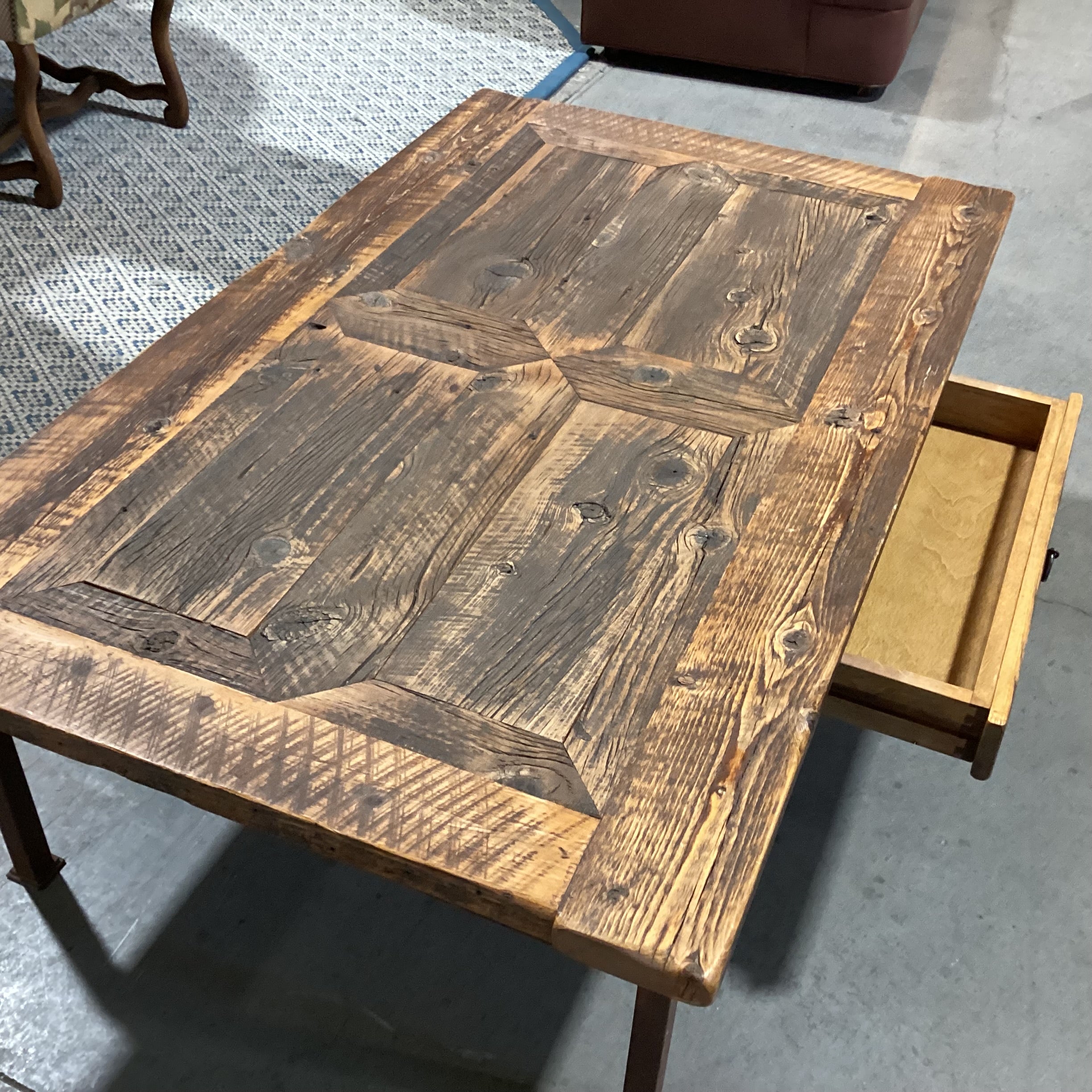 Custom Crafted Reclaimed Wood 1 Drawer with Iron Base CoffeeTable 56"x 34"x 18"