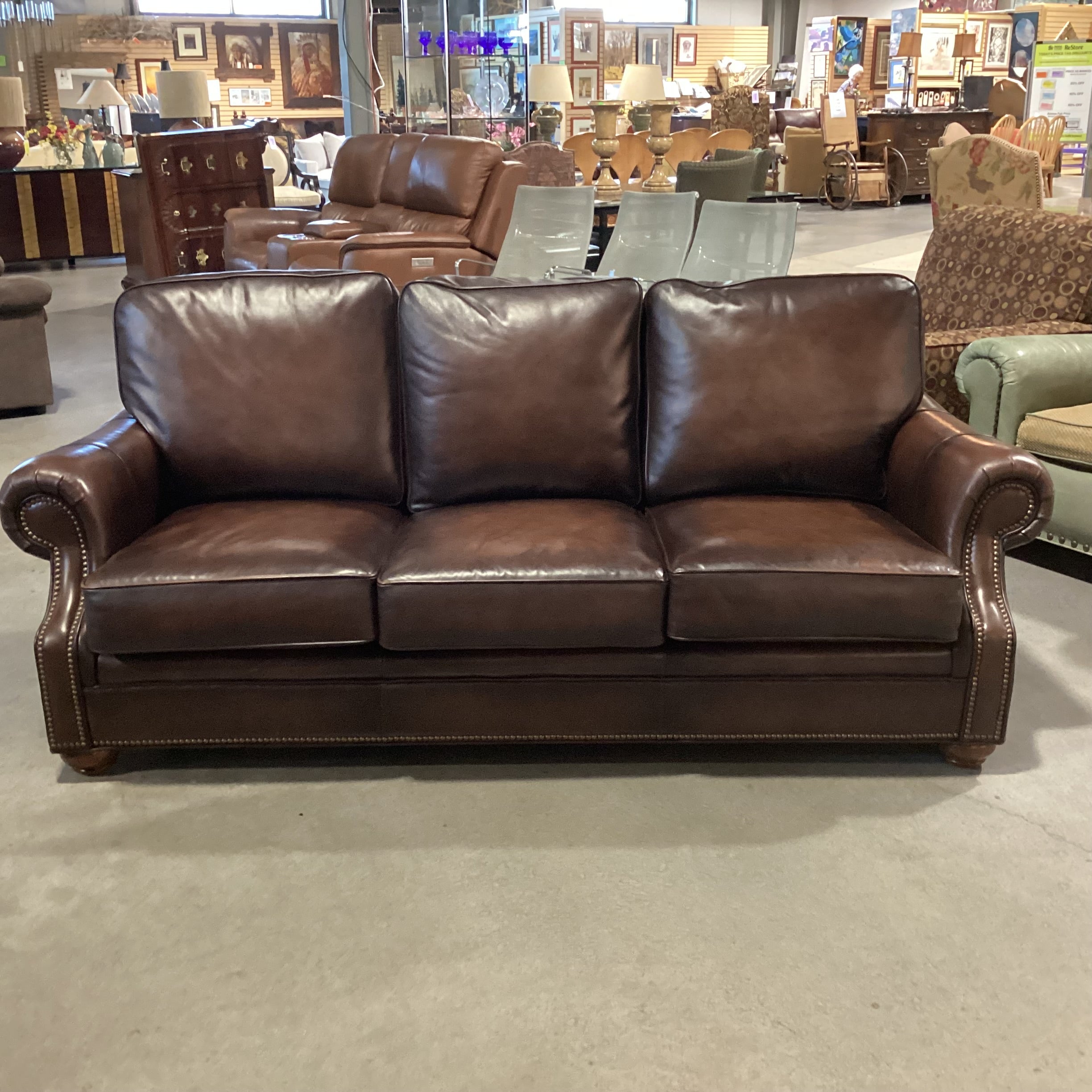 Brown Leather Nailhead with Roll Arm Sofa 82"x 40"x 36"