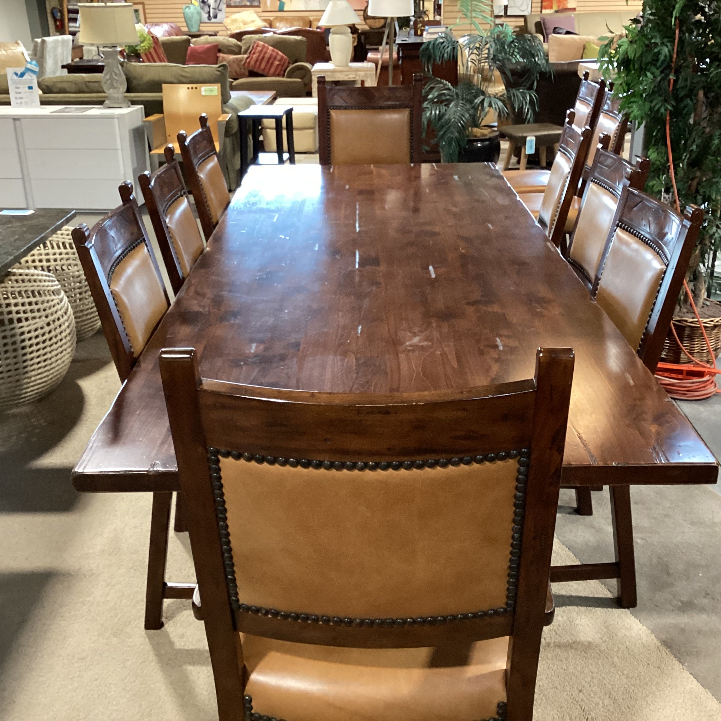 Theodore Alexander Rustic Distressed Trestle Table & 10 Leather Nailhead Carved Wood Chairs Dining Set 108"x 44"x 31"