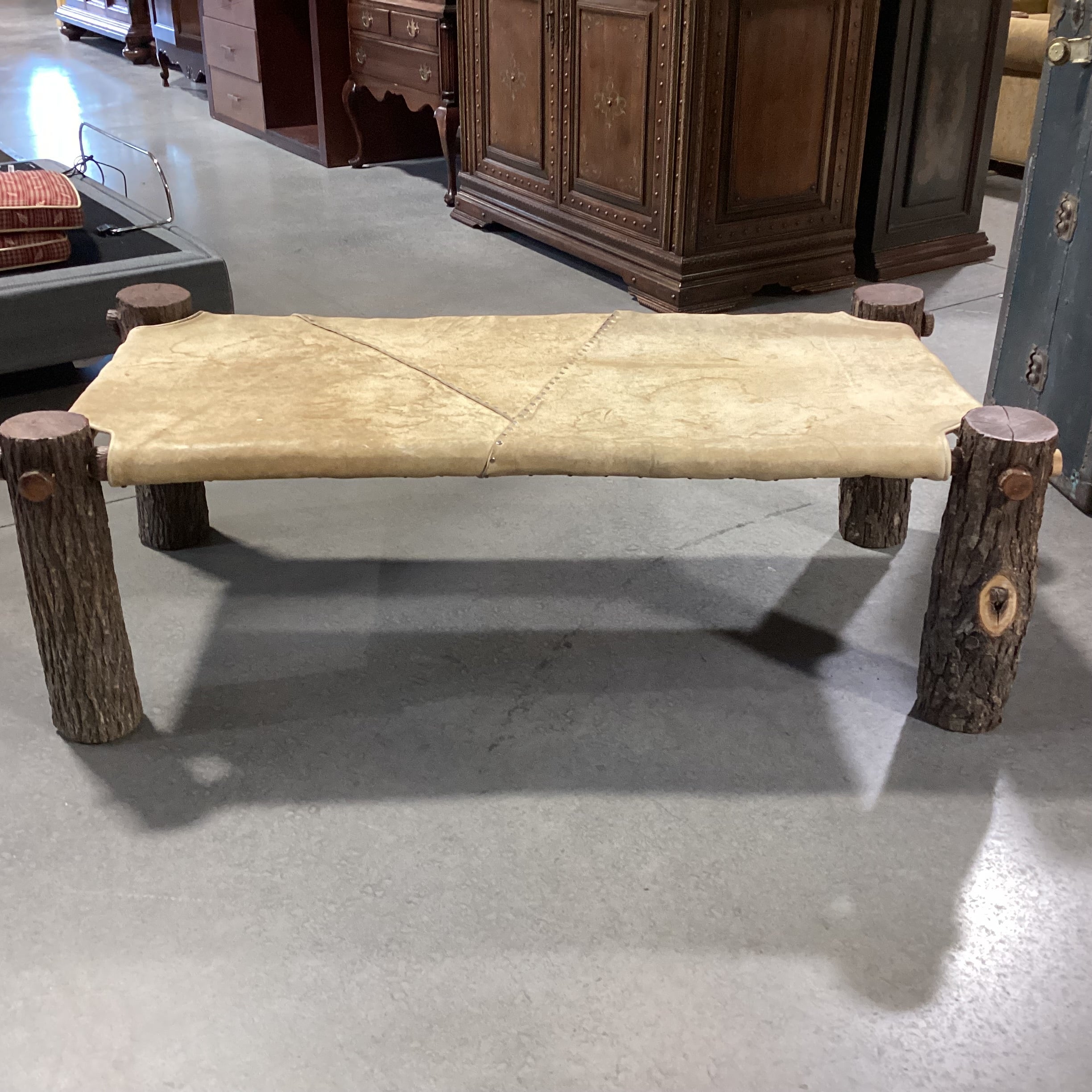 Rustic Log & Leather Nailhead Bench Ottoman 60"x 32"x 20"