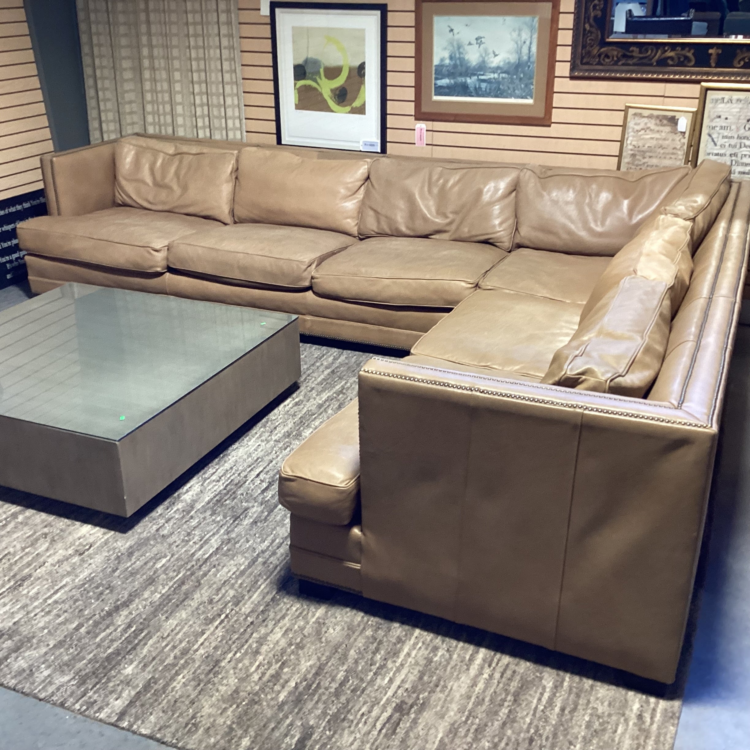 Restoration Hardware Tan Leather Nailhead Down Mix 2 Piece Sectional 145"x 112"x 44"x 31"