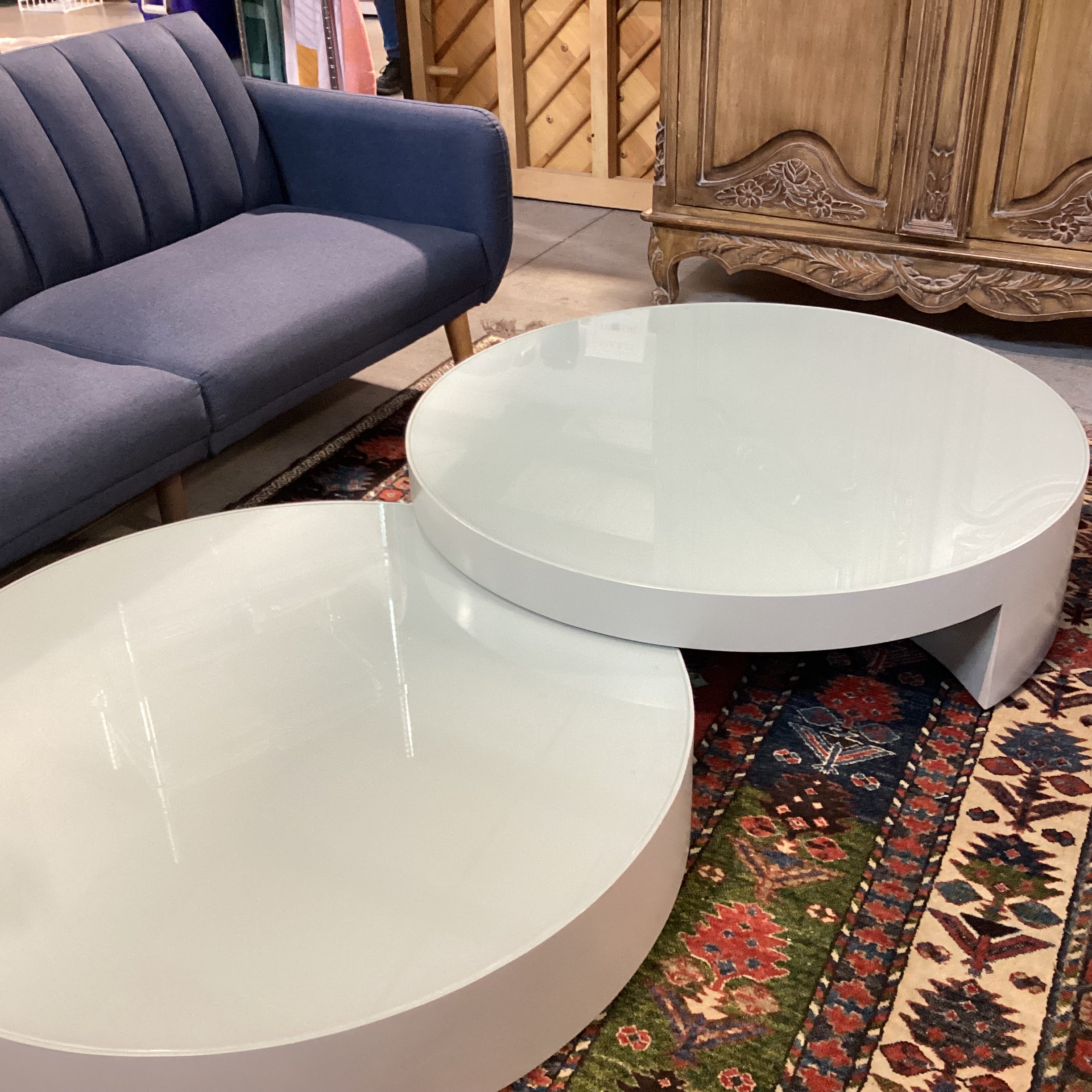Modern Grey Lacquer & Glass Top Double Nesting Circles Coffee Table 67"x 43.5"x 12"