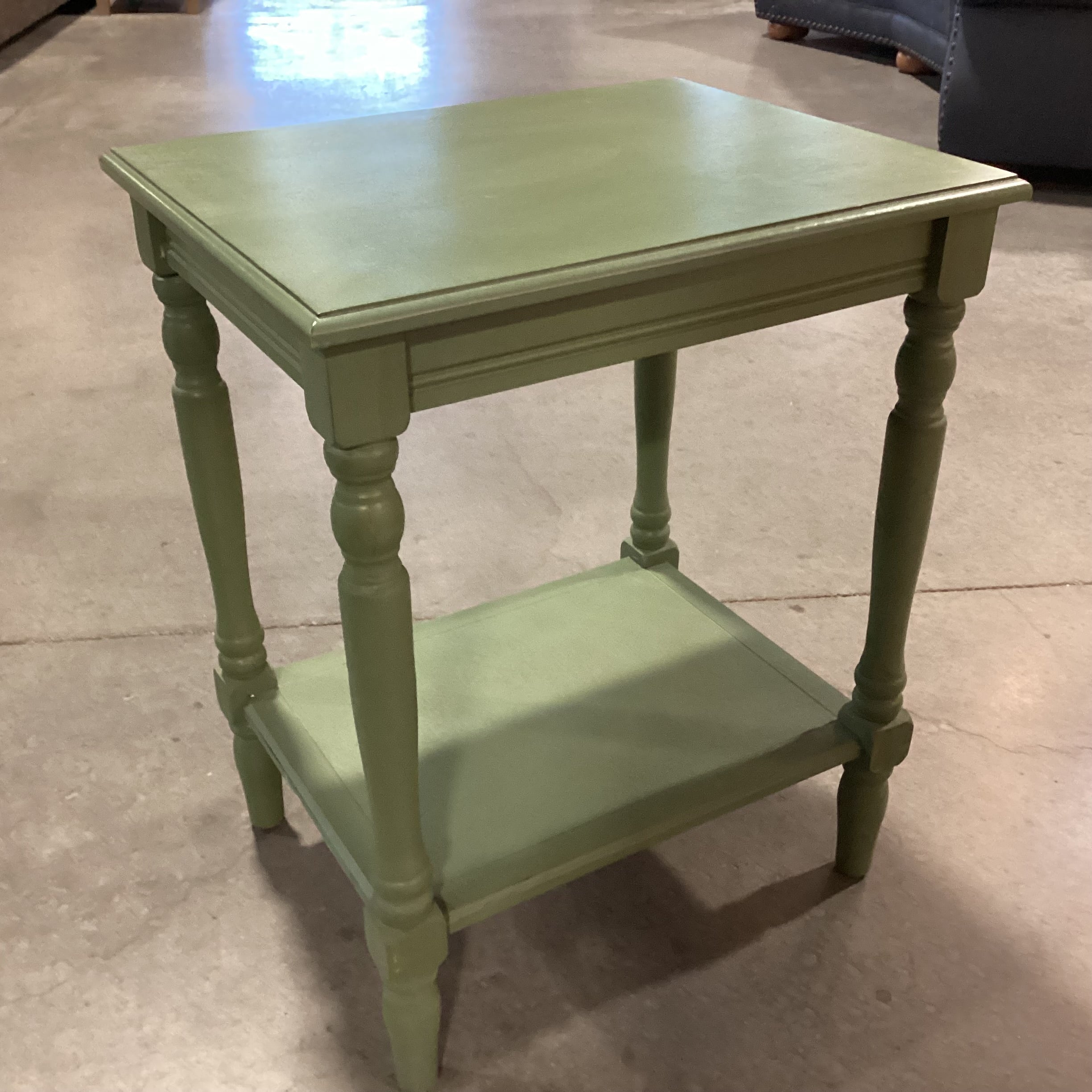 Green Painted Carved Wood 2 Tiered End Table  20"x 16"x 24.5"