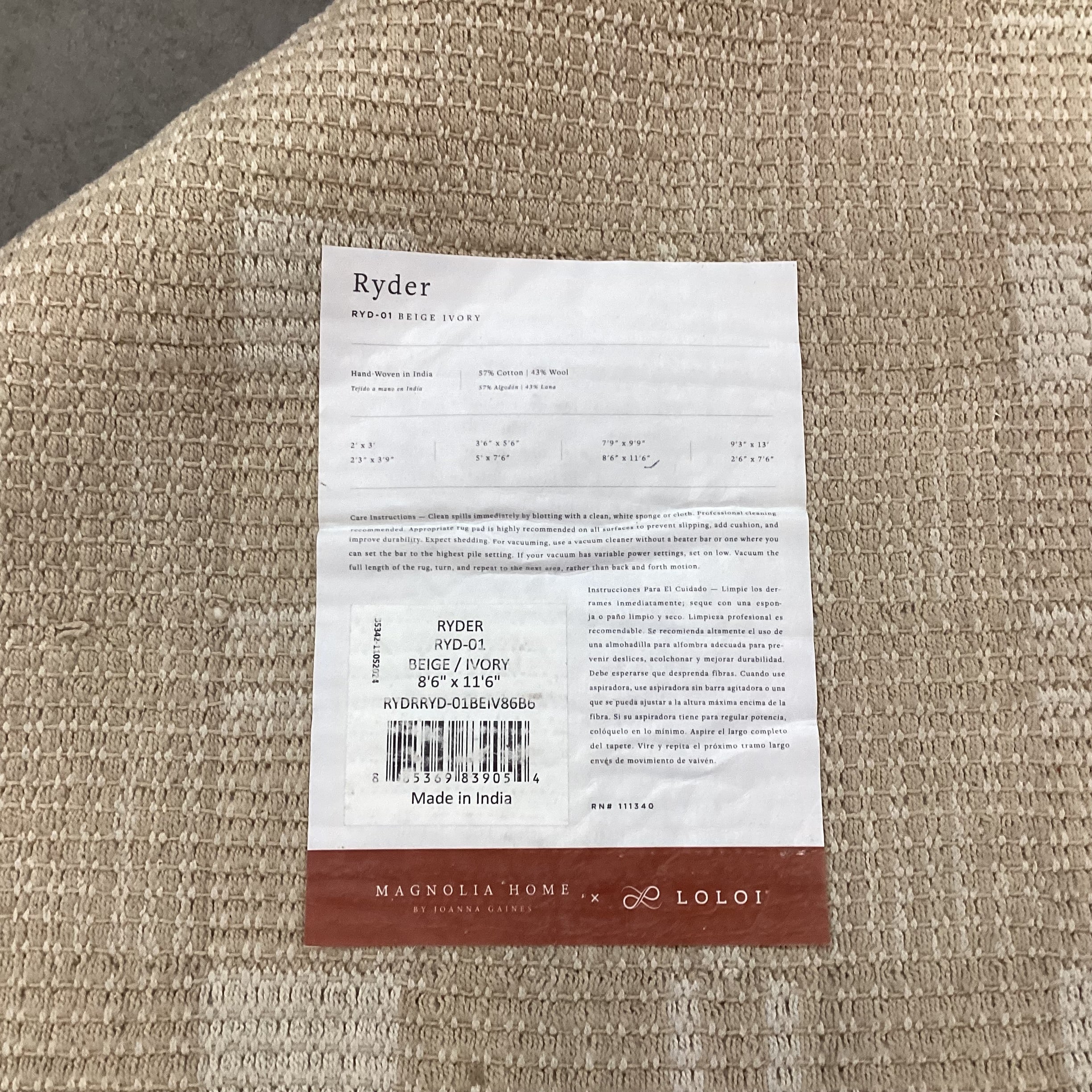 Magnolia Home & Loloi Ryder Beige Ivory  Wool & Cotton Woven Rug 8'6"x 11'6"