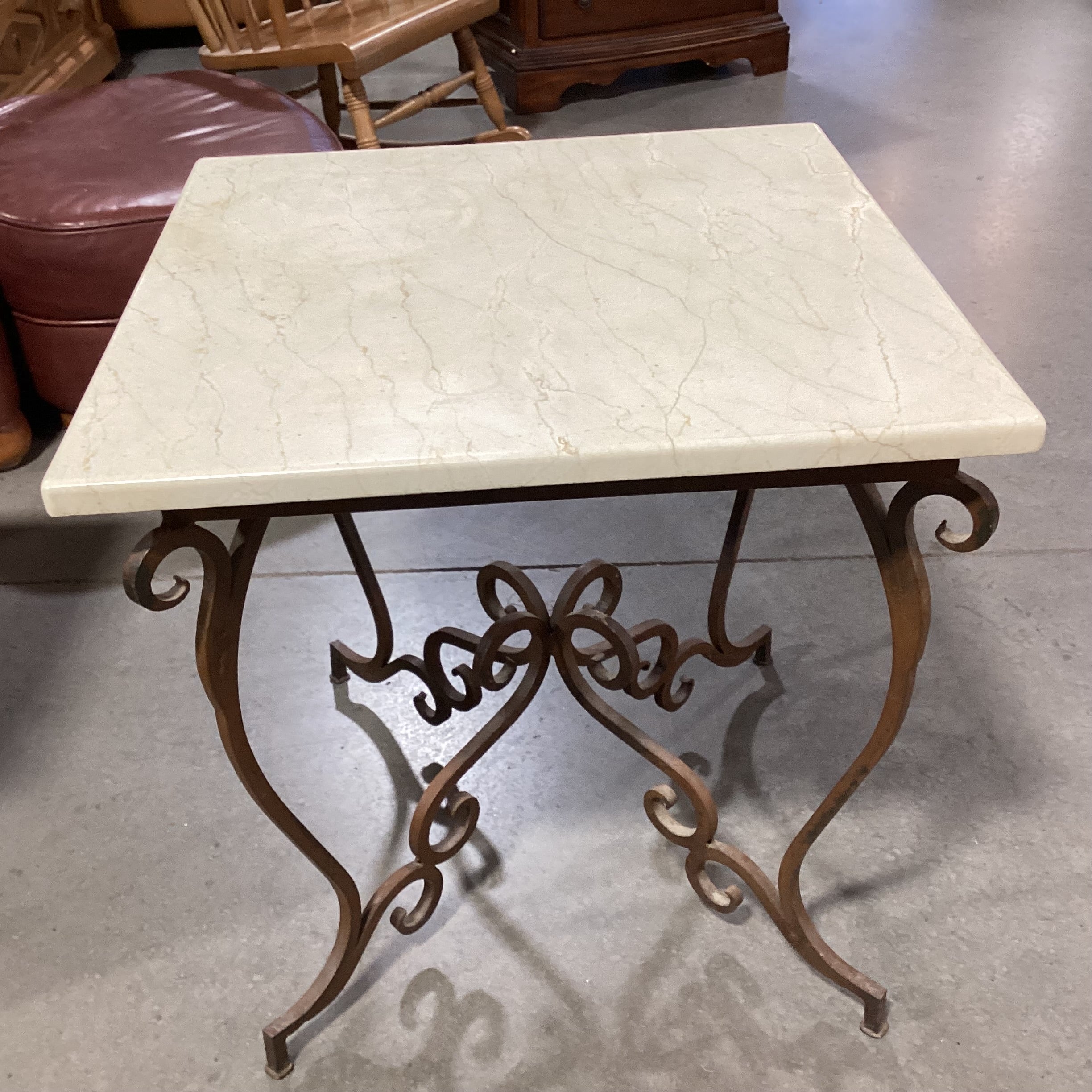 Ornate Iron & Stone Top Accent Table 22"x 22"x 23"