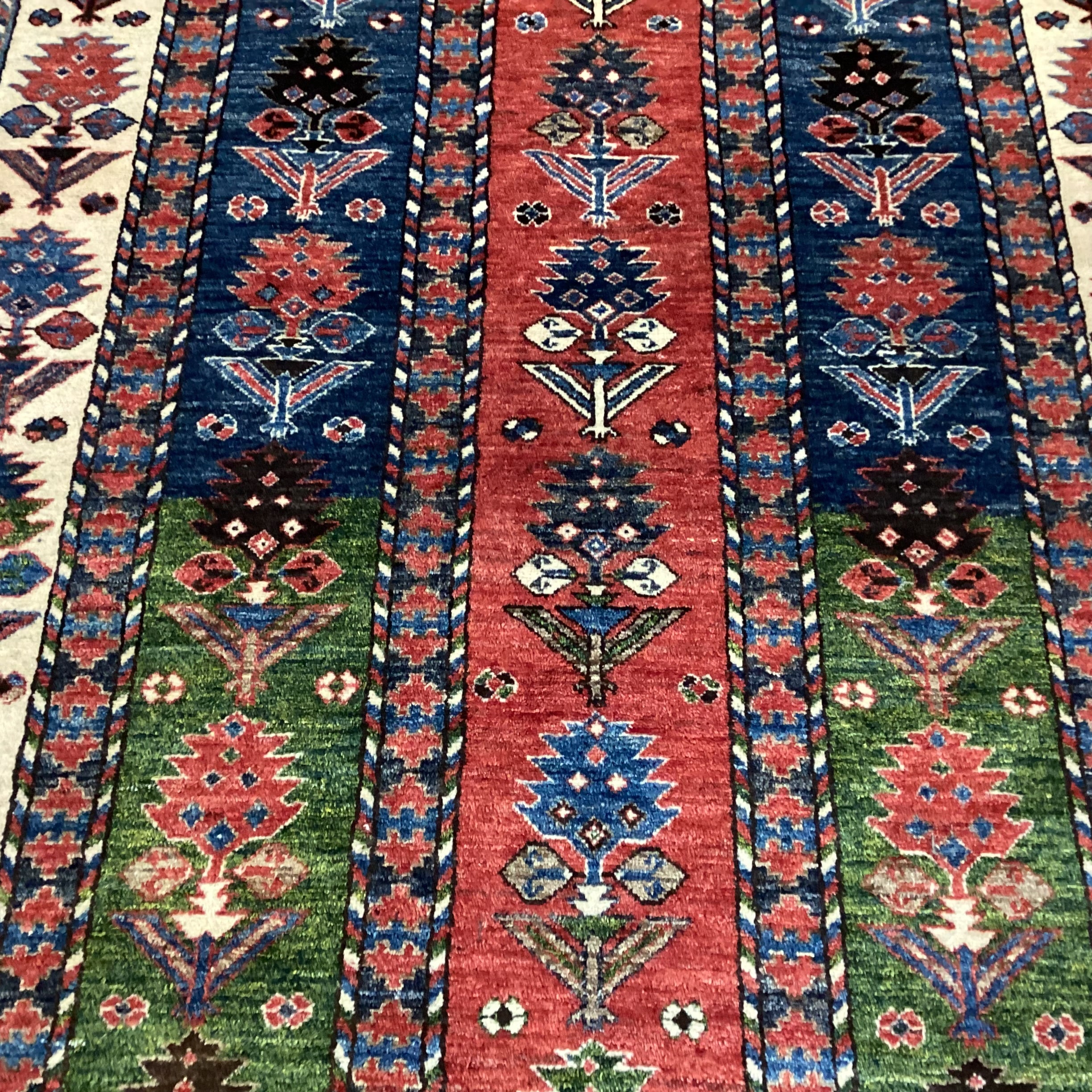 Vintage Red Blue Green Brown Kazak Hand Woven Wool Rug 6'5"x 8'5"