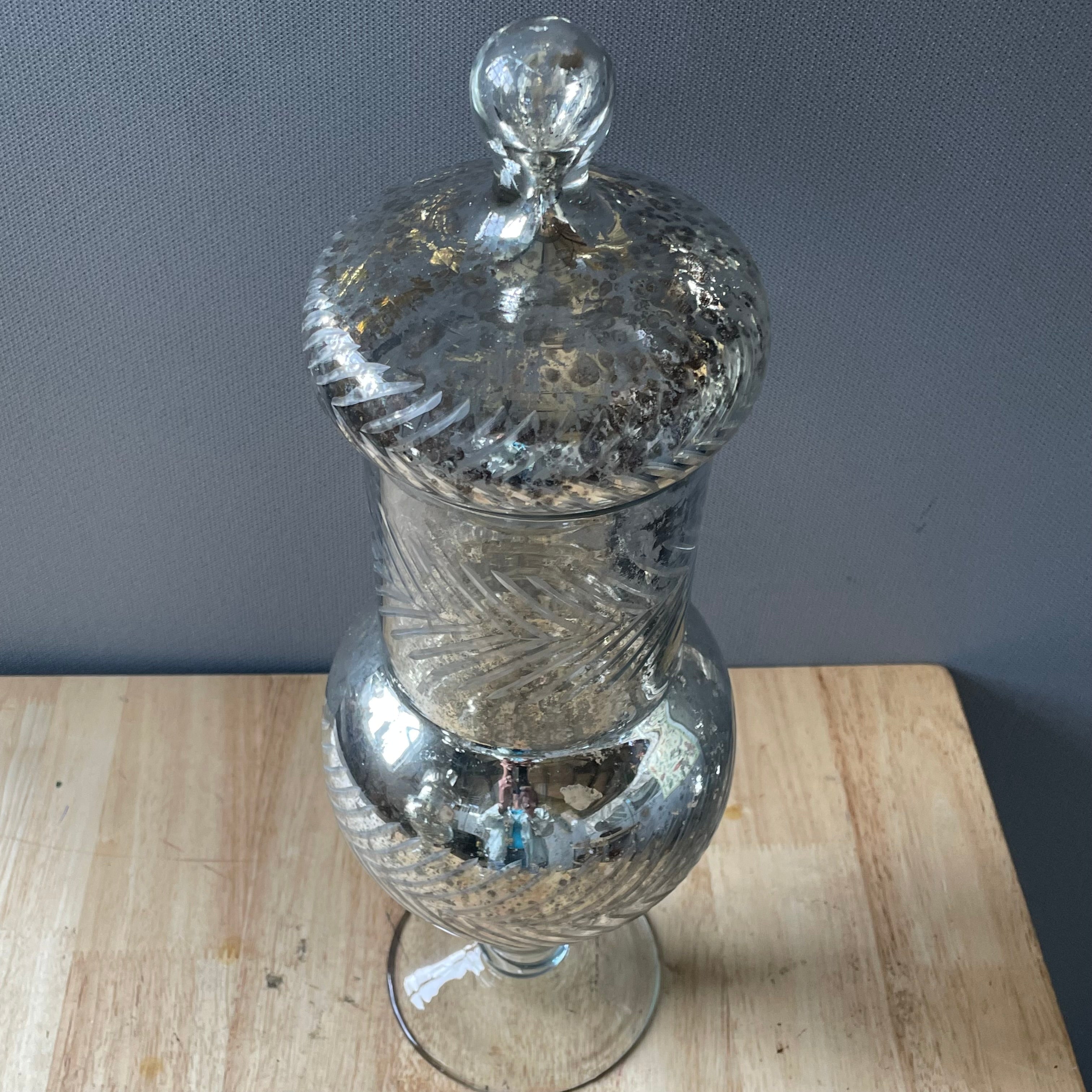 Set of 2 Decorative Etched Mercury Glass Apothecary Jars, 6"x 17" Each