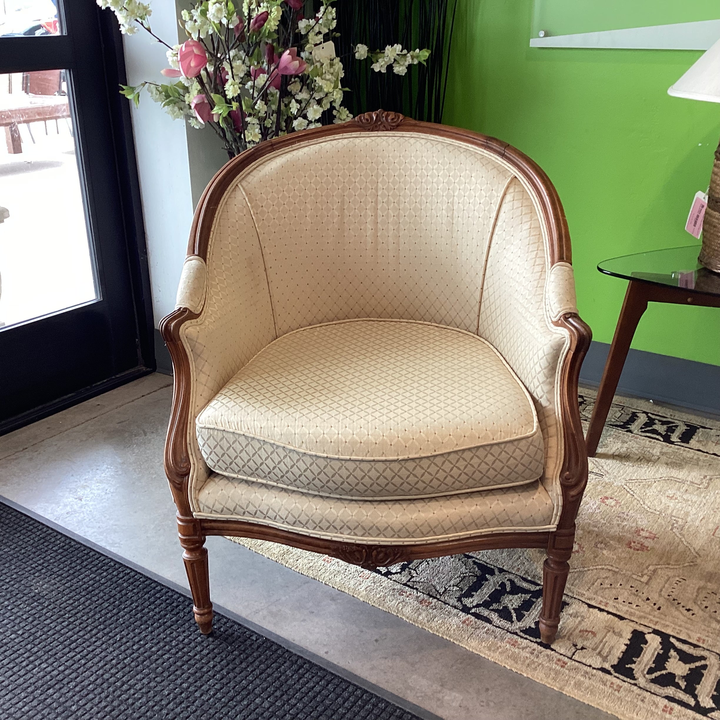 Antique Carved Oak & Golden Lattice Style Upholstery French Provincial Chair 32.5"x 34"x 38"