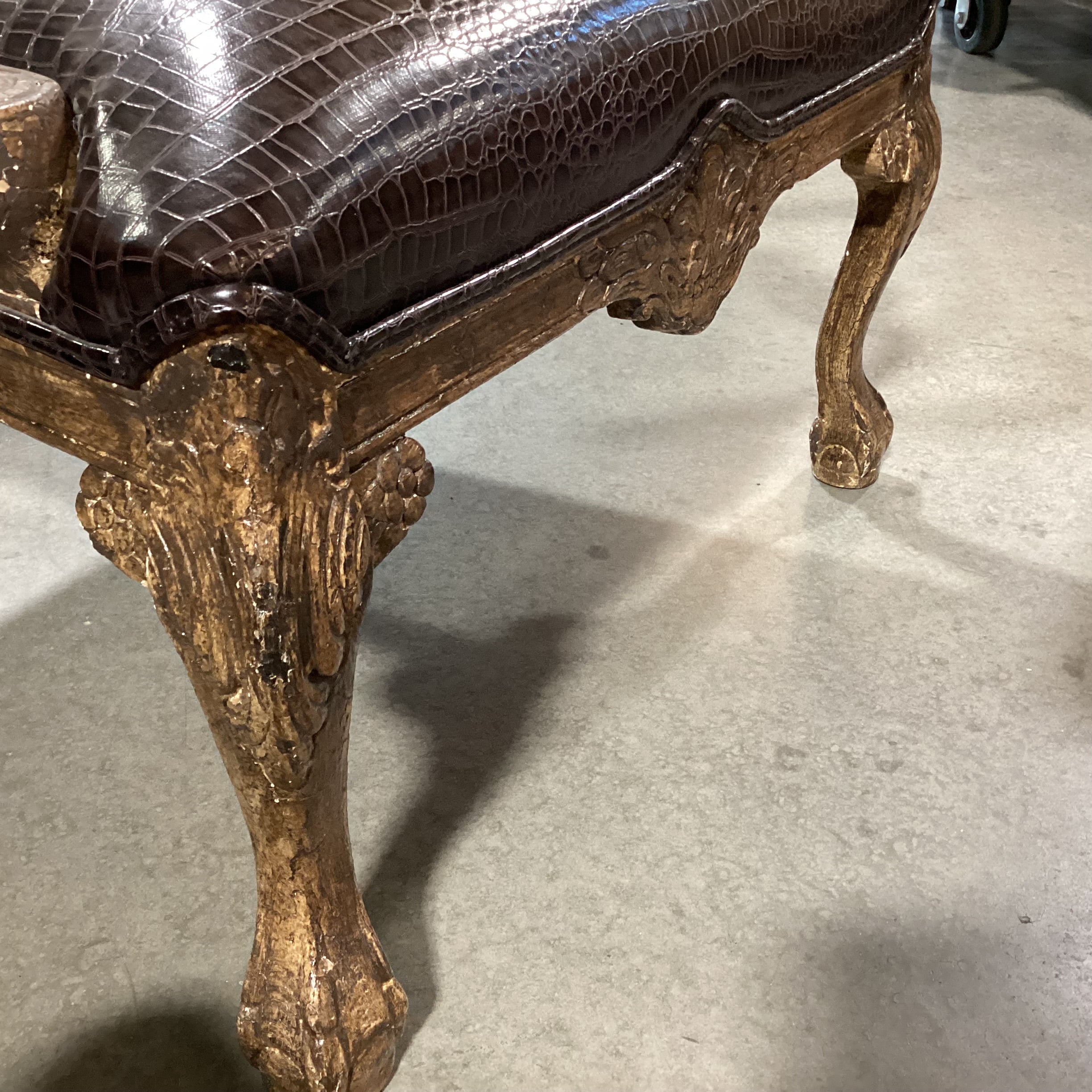 ARA Collection Croc Style Leather Raised Ivory Velvet & Brown Metallic Woven with Crackle Finish Claw & Ball Carved Wood Chair 29"x 32"x 39"