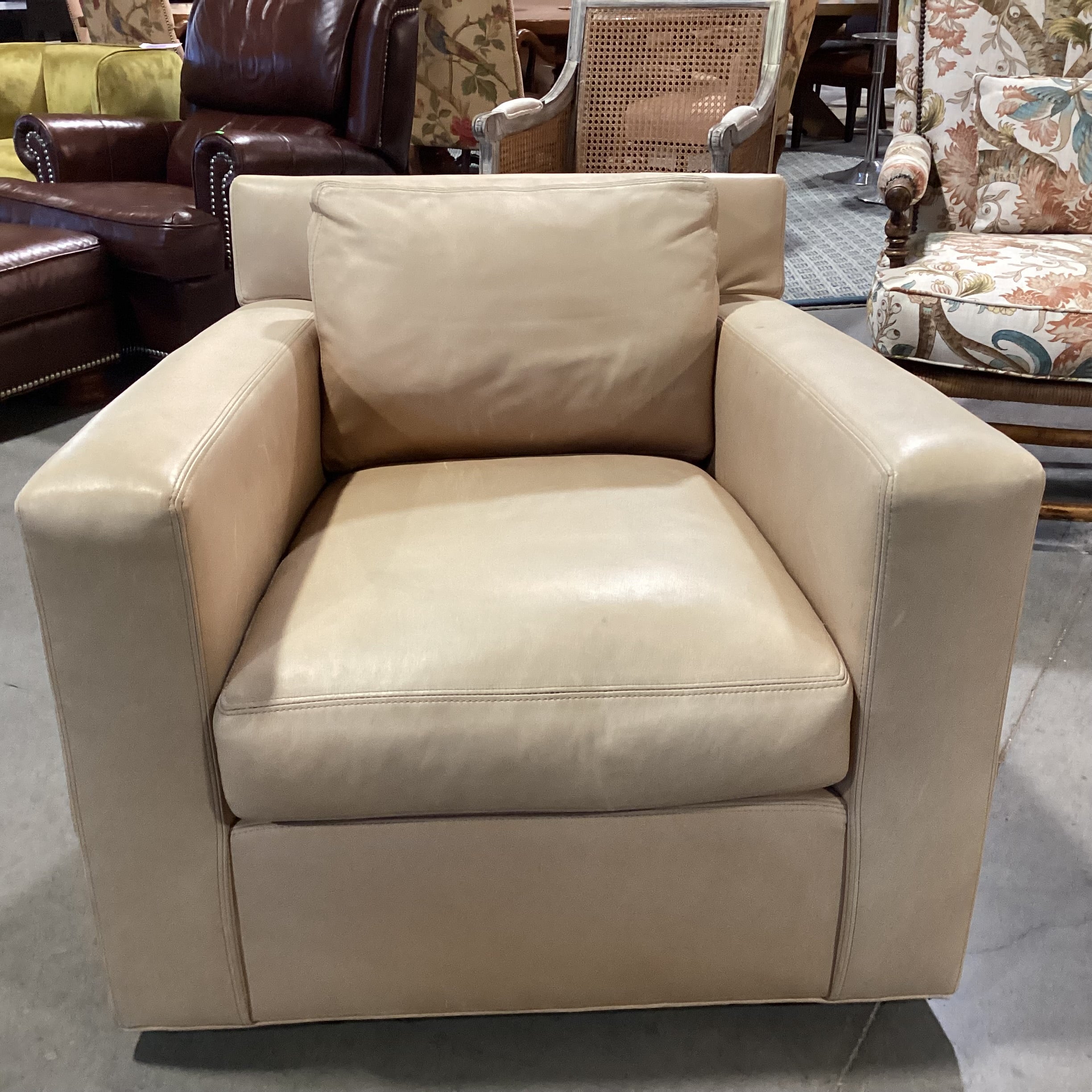 Lee Industries Beige Tan Leather Down Mix Swivel Chair 34"x 35"x 30"