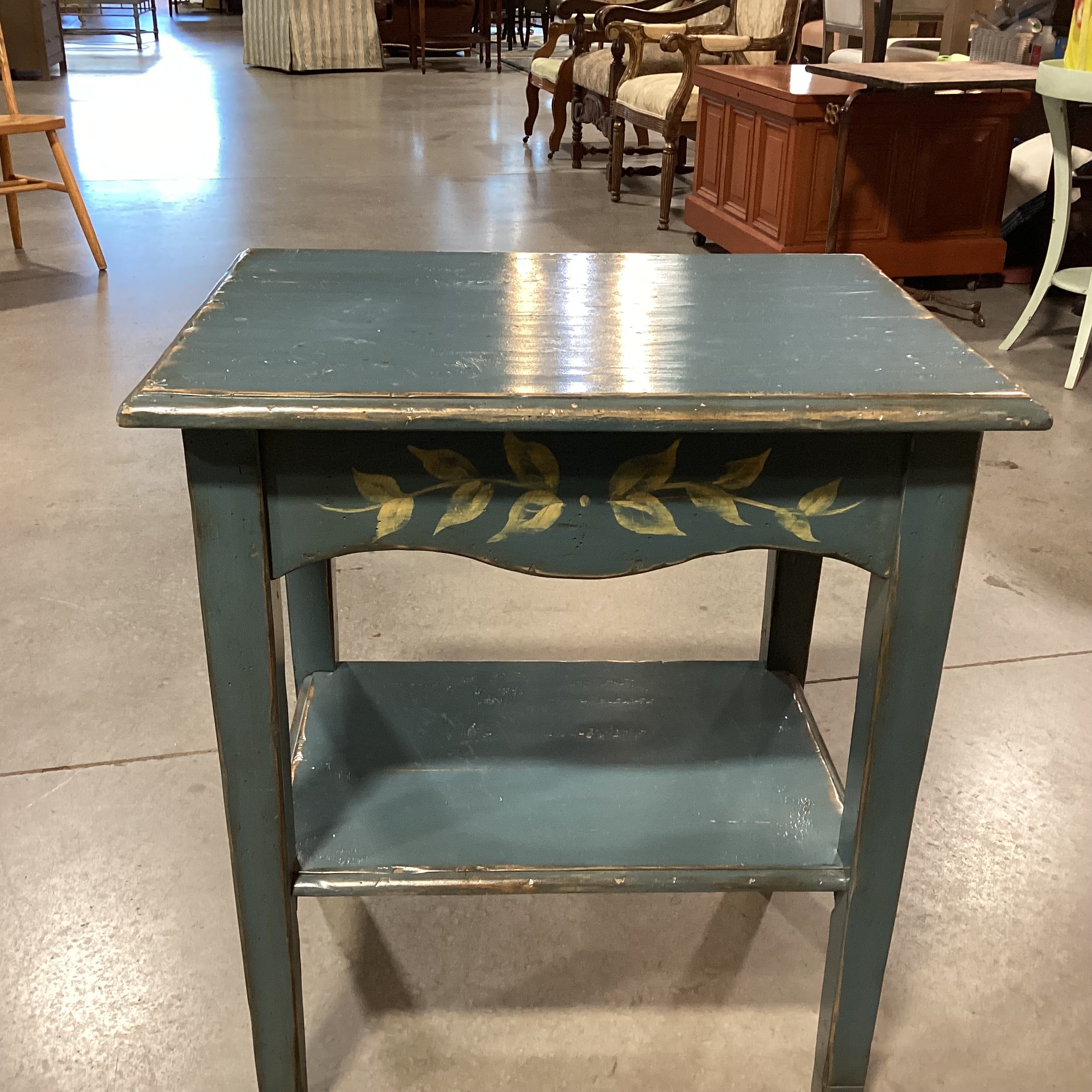 Woodland Furniture Blue Distressed Carved Wood End Table 24"x 18"x 28"