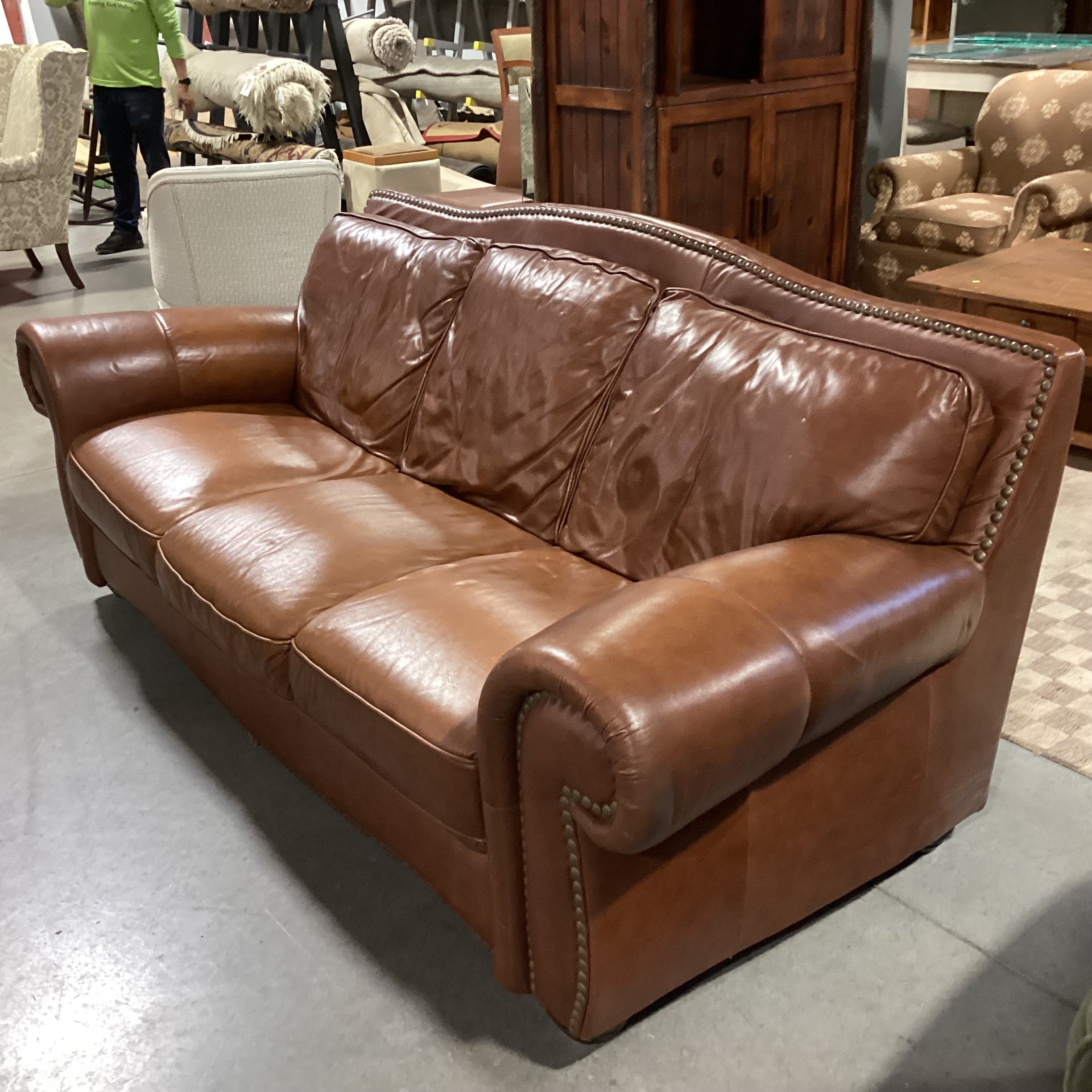 Brown Leather Nailhead Sofa 92"x 39"x 37"
