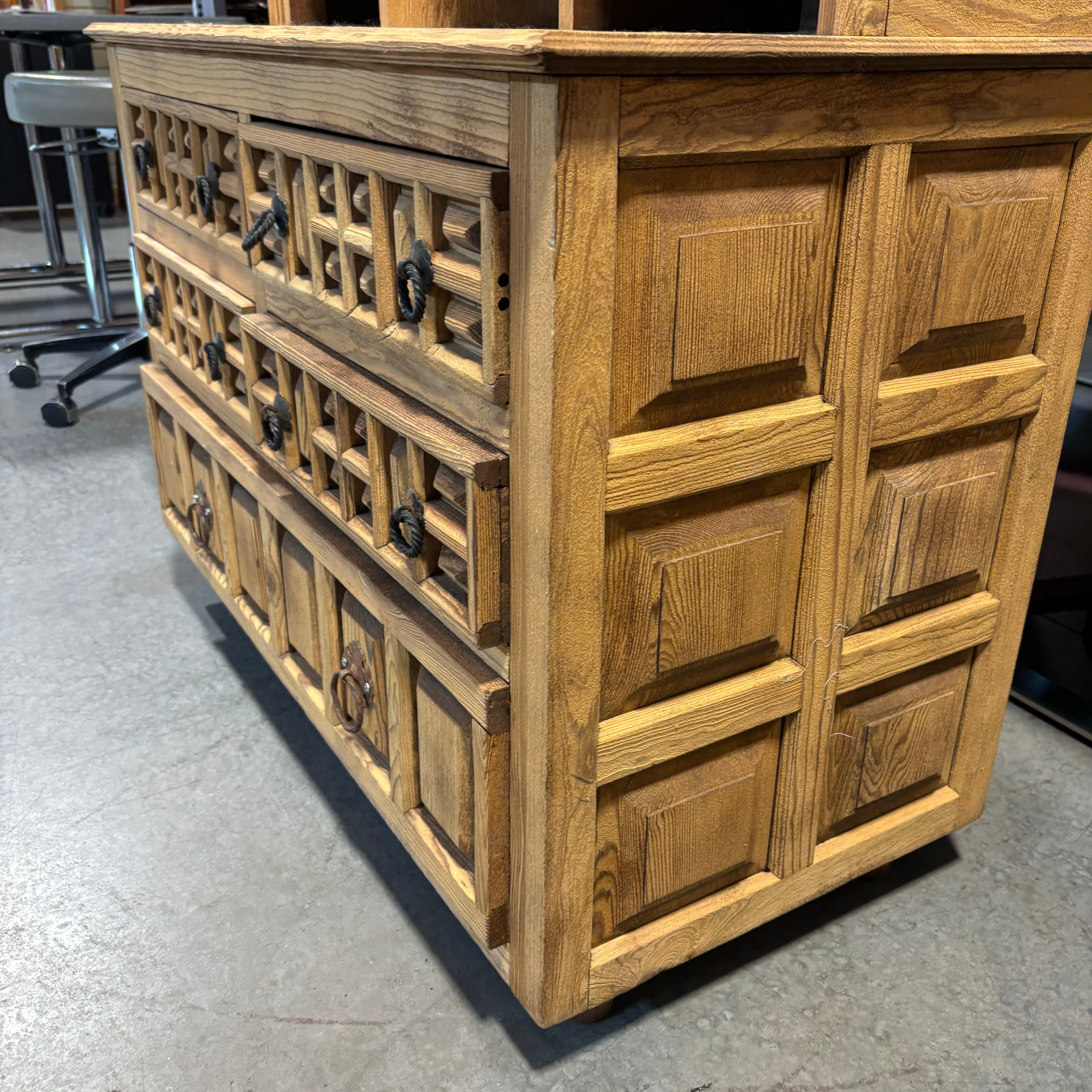 Natural Light Wood with Carved Detail & Iron Pulls 15 Drawer Hutch 40"x 20"x 27"