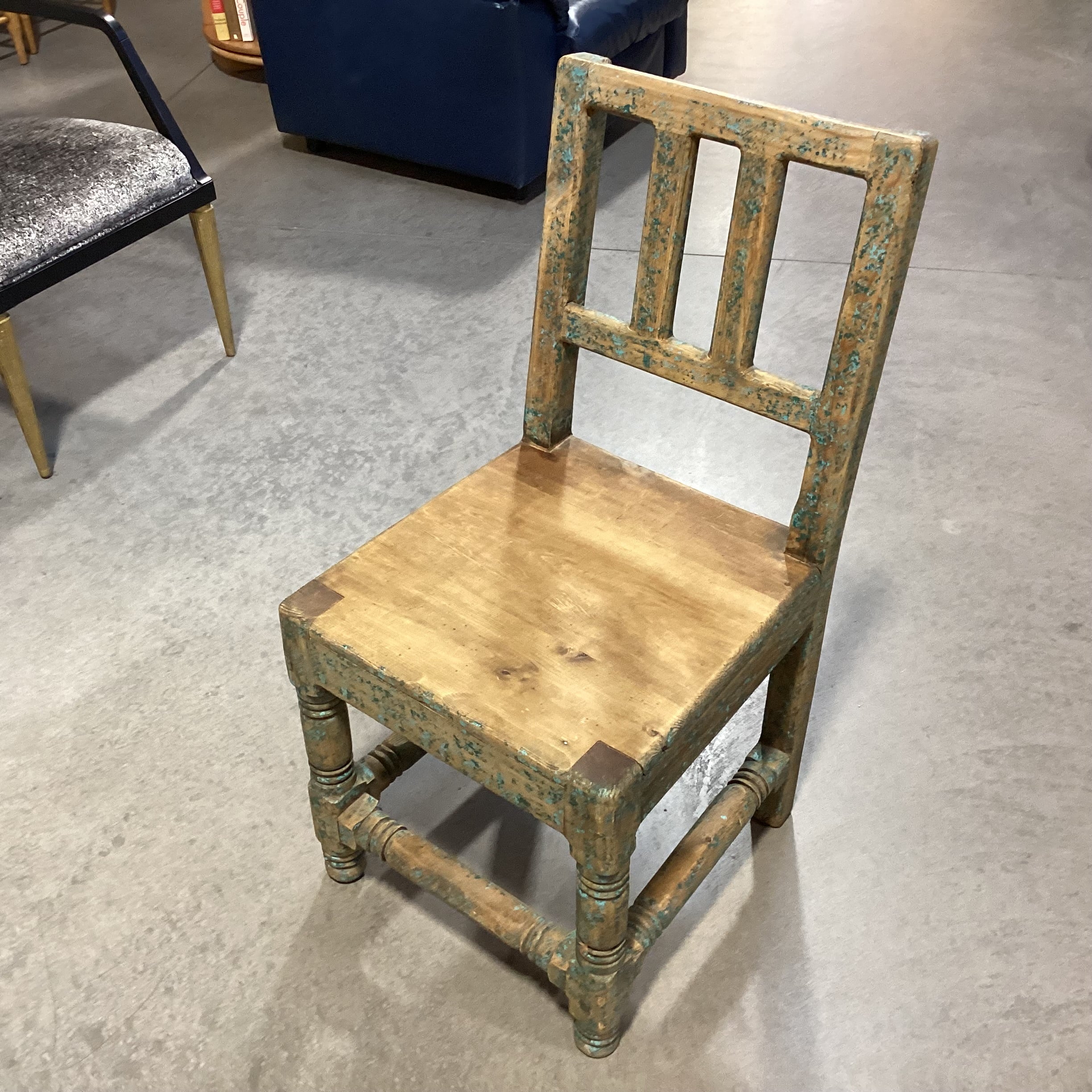 Santa Fe Style Carved Wood with Teal Distressing Chair 18"x 21"x 37"