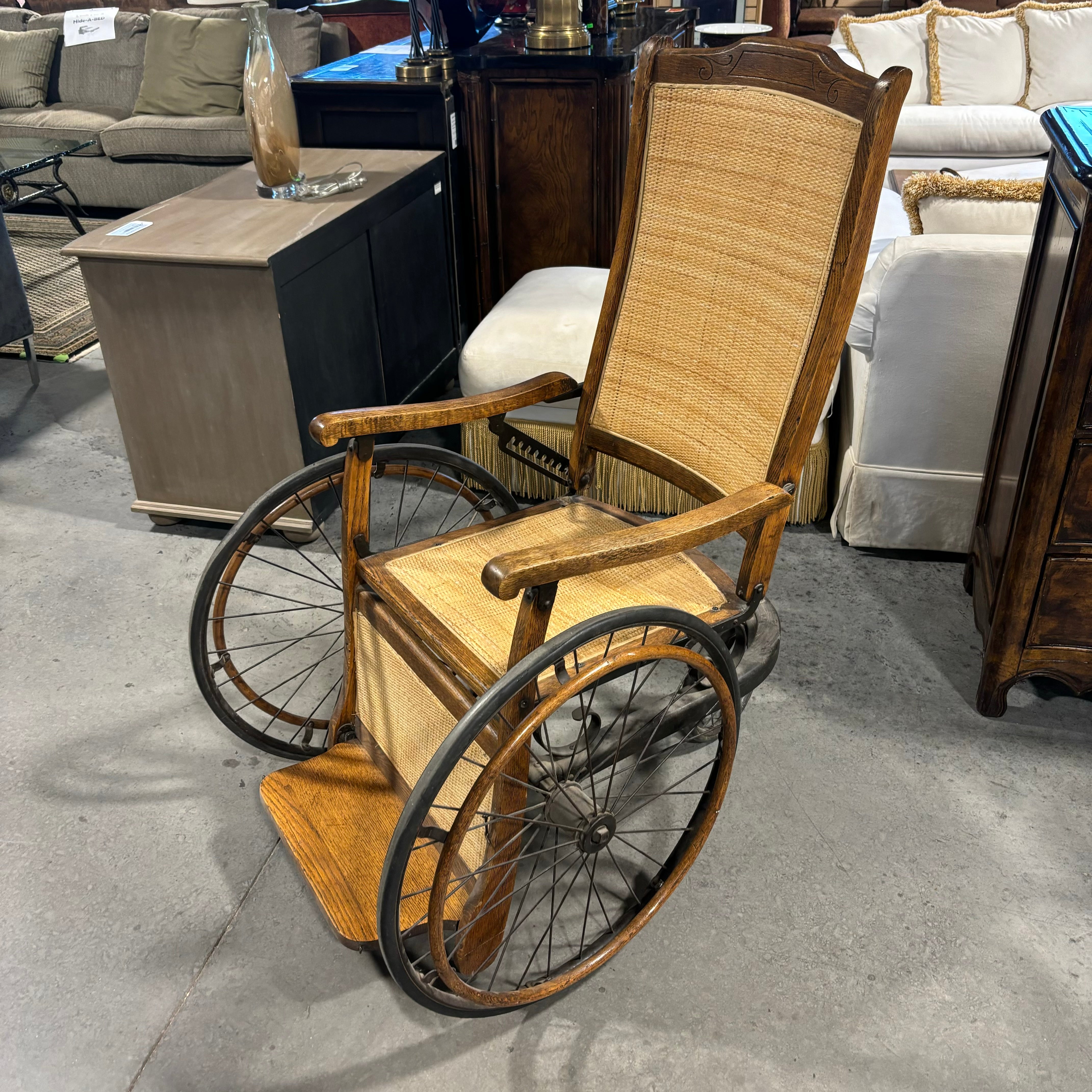 Antique Late 19th Century Oak & Wicker Genredon Wheelchair 30"x 36"x 39.5"