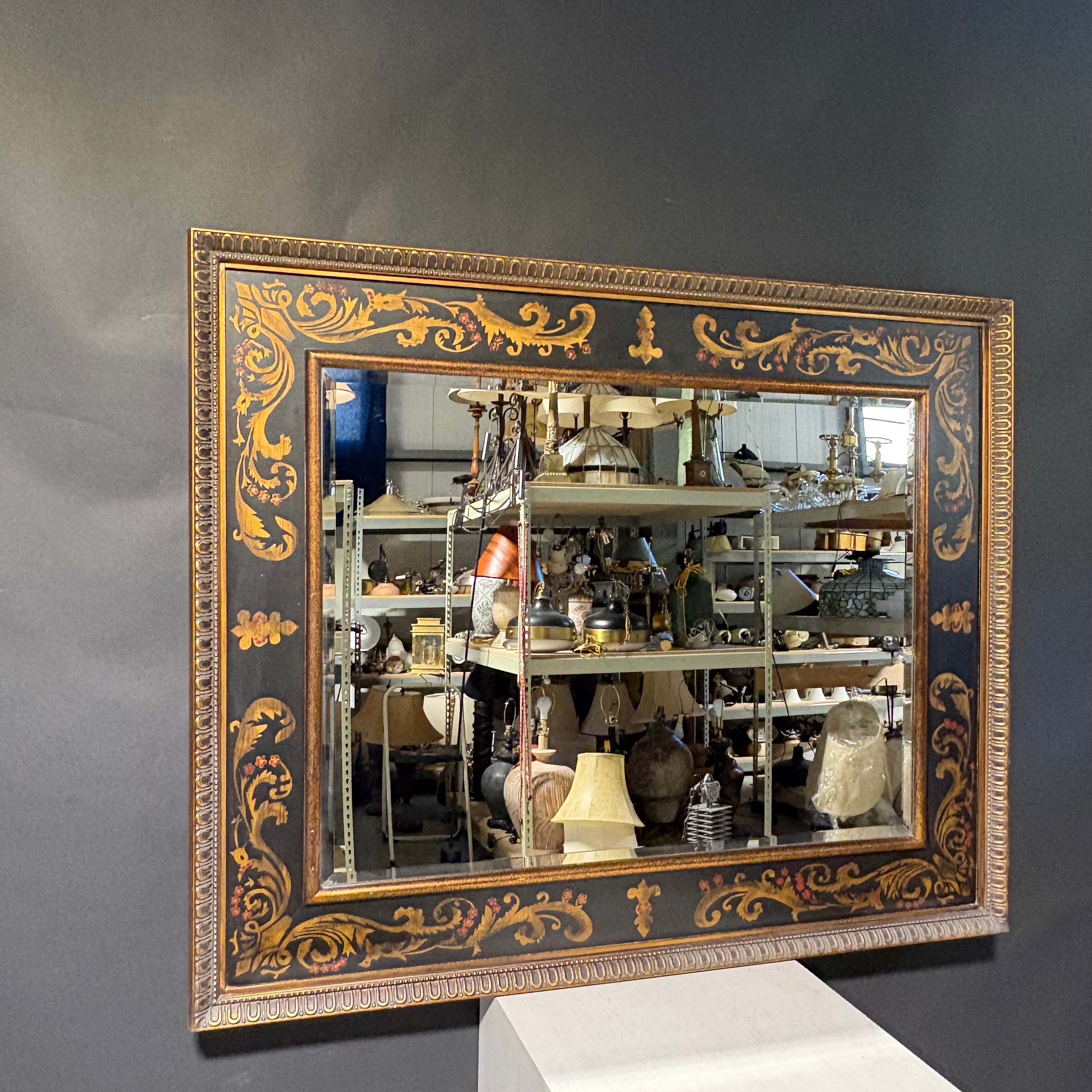 John Richards Gold, Black, Red Ornate Floral Painted Beveled Wall Hanging Mirror 53.5”x 43.5”