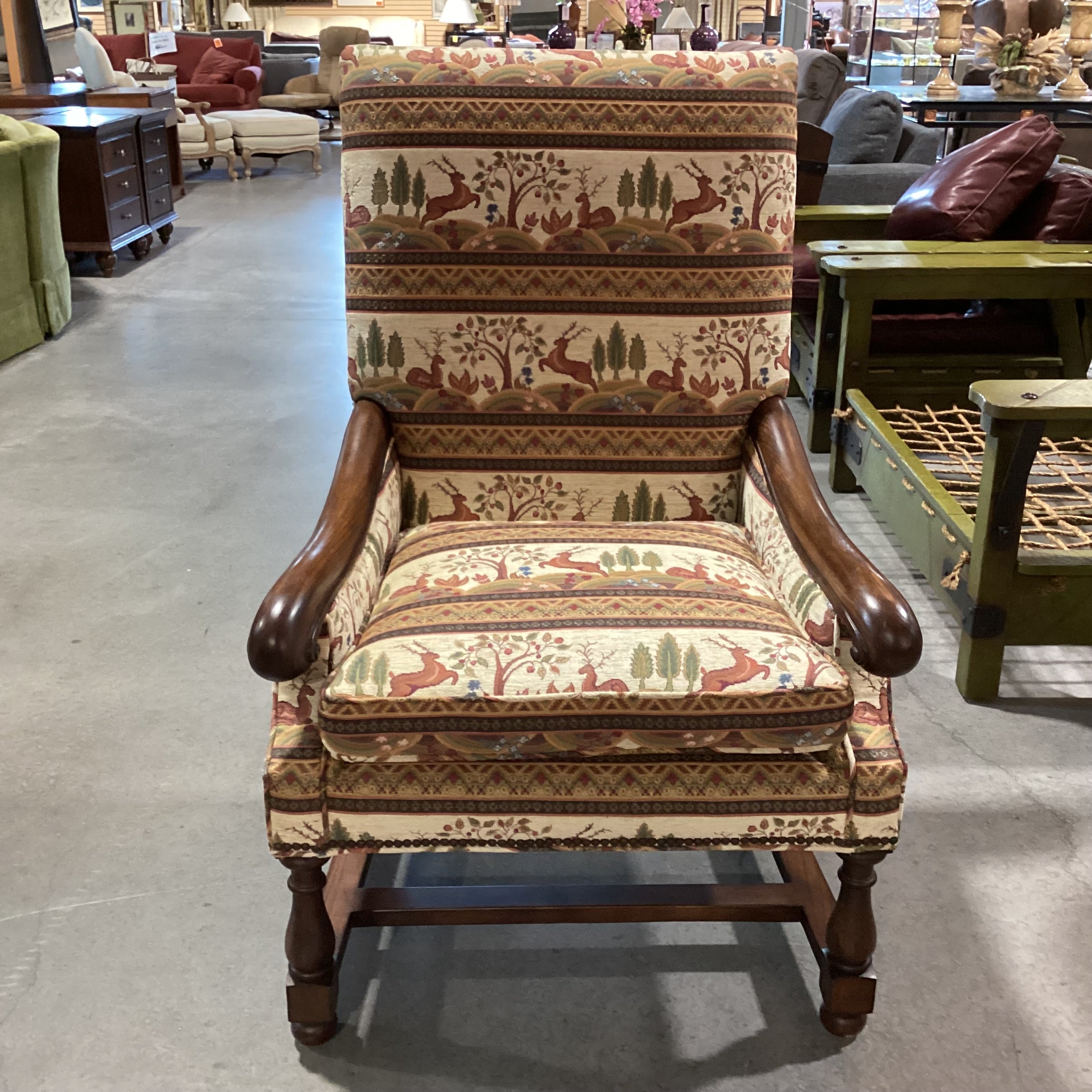 Dindy Foster Interiors Custom Deer Floral Nailhead & Carved Wood Highback Chair 31"x 31"x 47"