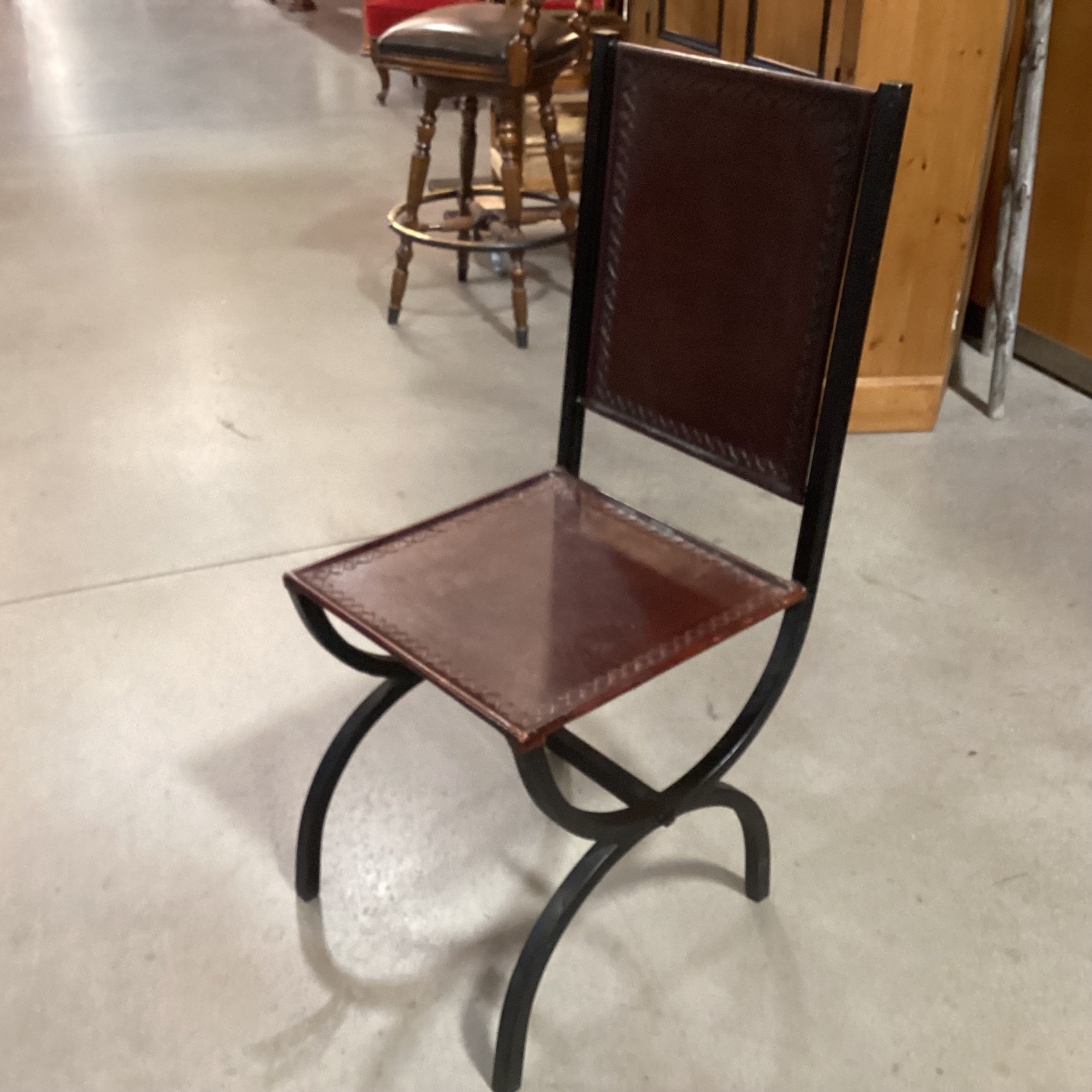 Black Iron & Leather with Cross Stitch Accent Chair 18"x 19"x 41"