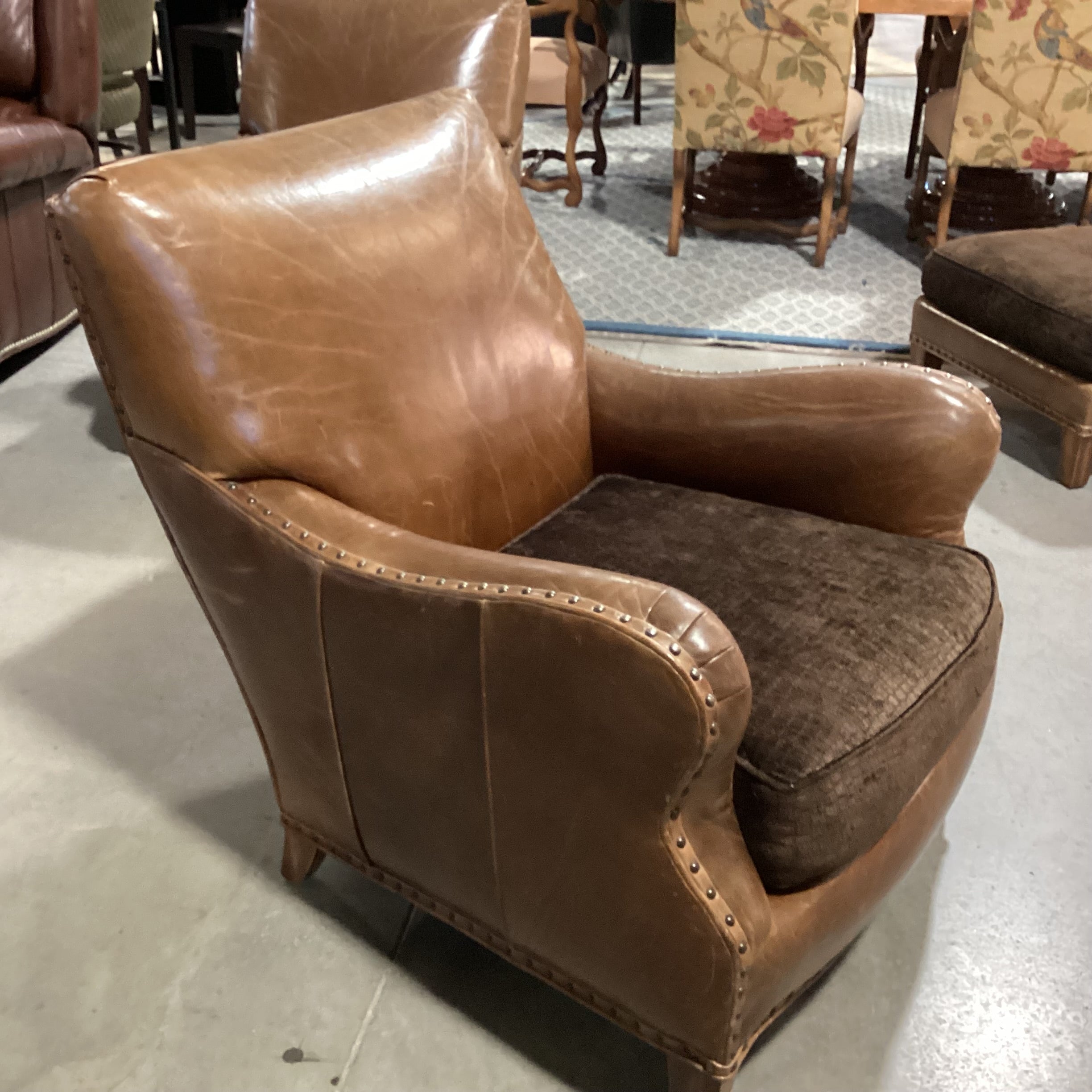 Westley Hall Collection Distressed Leather Nailhead with Brown Upholstered Seat Cushion Chair 31"x 38"x 34"
