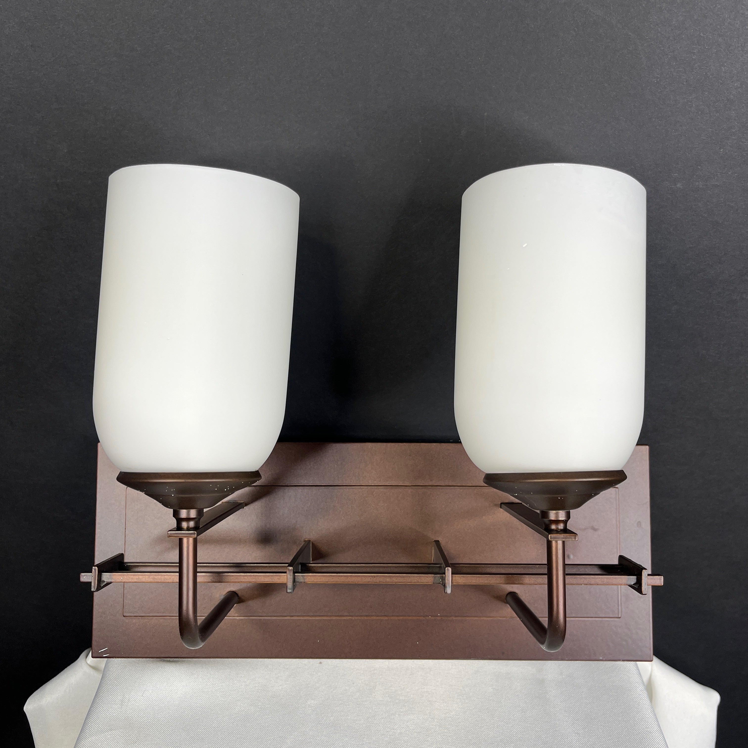 Hubbardton Forge 2-Light Bronze with Milk Glass Shades Vanity Wall Sconce 13”x 10”x 7”