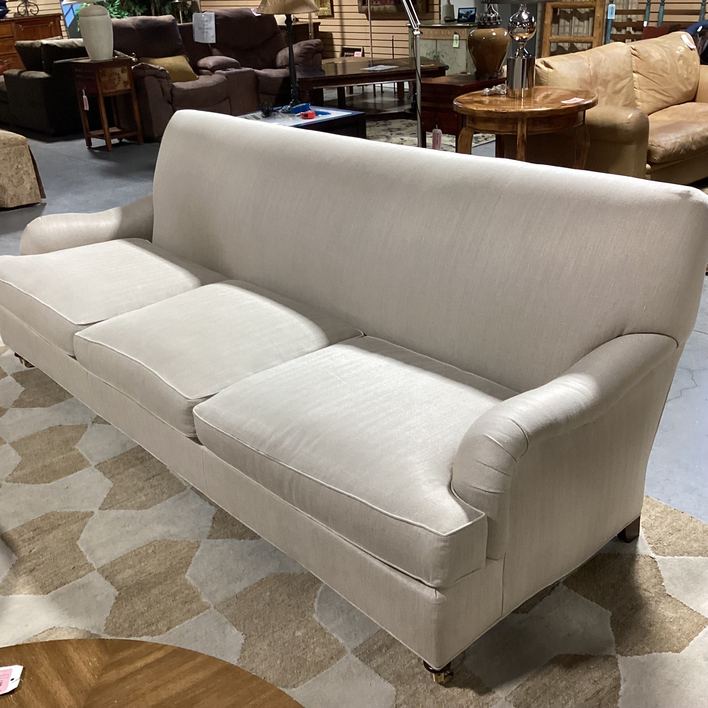 Hickory Chair Beige Woven with Front Brass Casters Sofa 94"x 38"x 35"