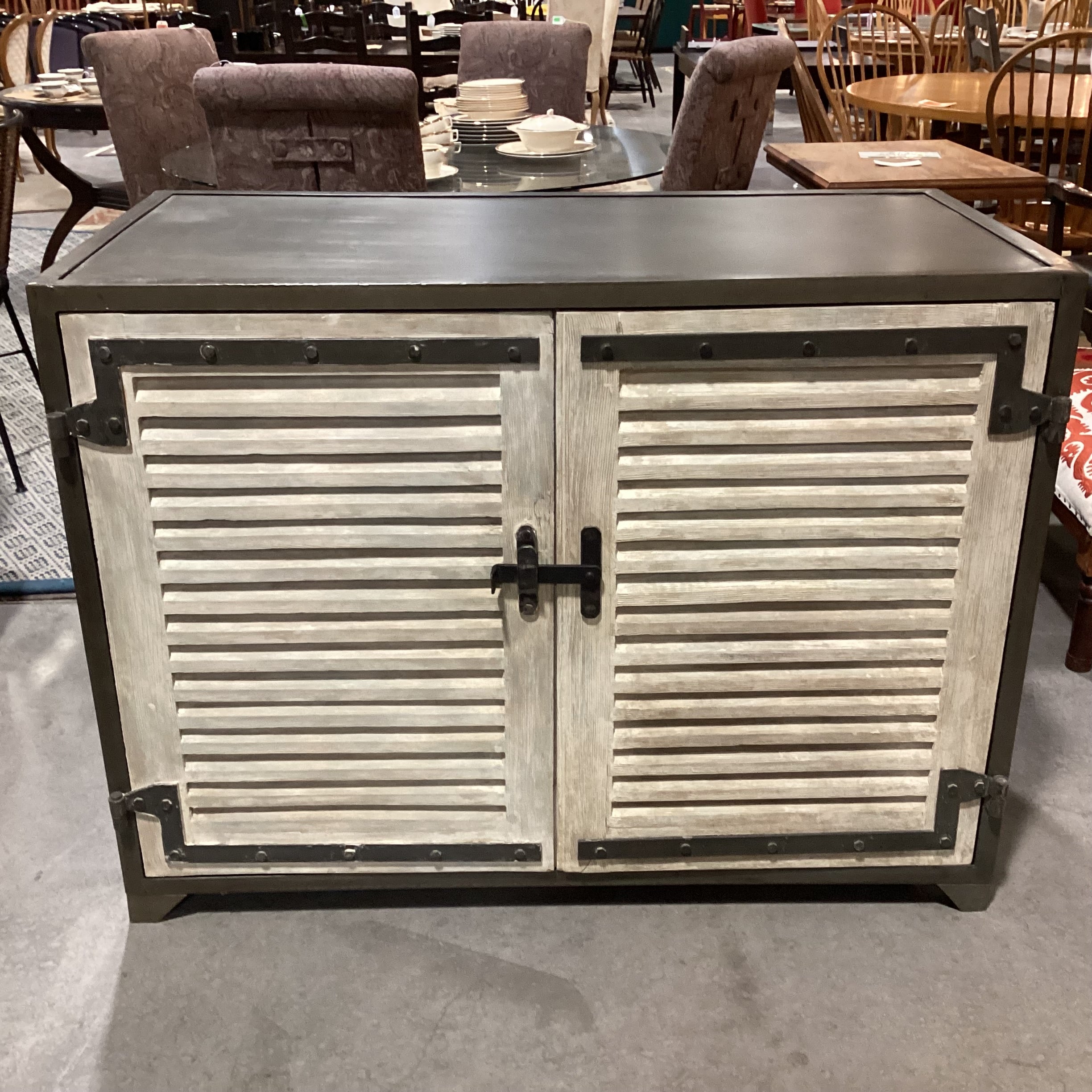 Arteriors Paris Industrial Iron & Washed Oak Shutter Doors Cabinet Console 48"x 24"x 36" l