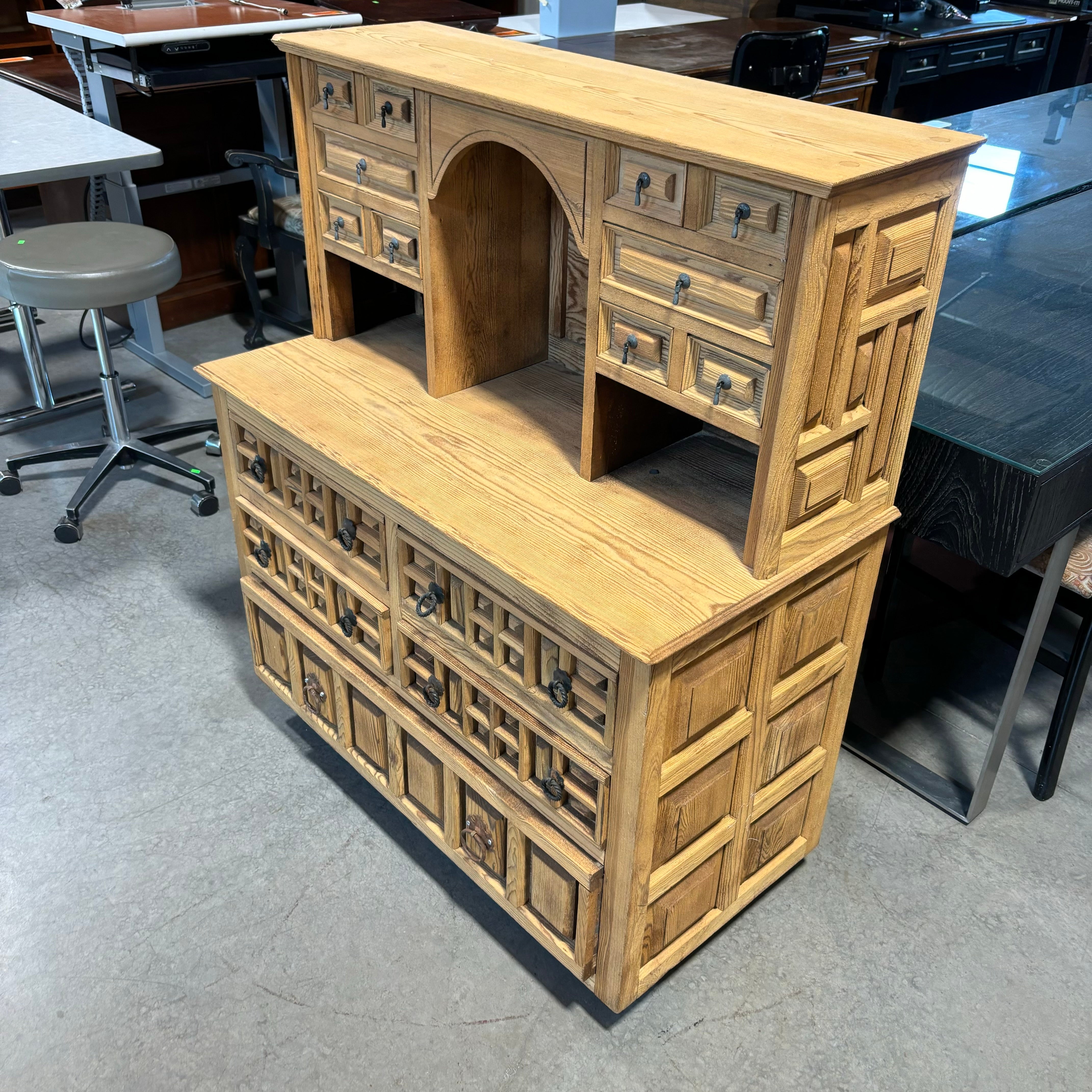 Natural Light Wood with Carved Detail & Iron Pulls 15 Drawer Hutch 40"x 20"x 27"