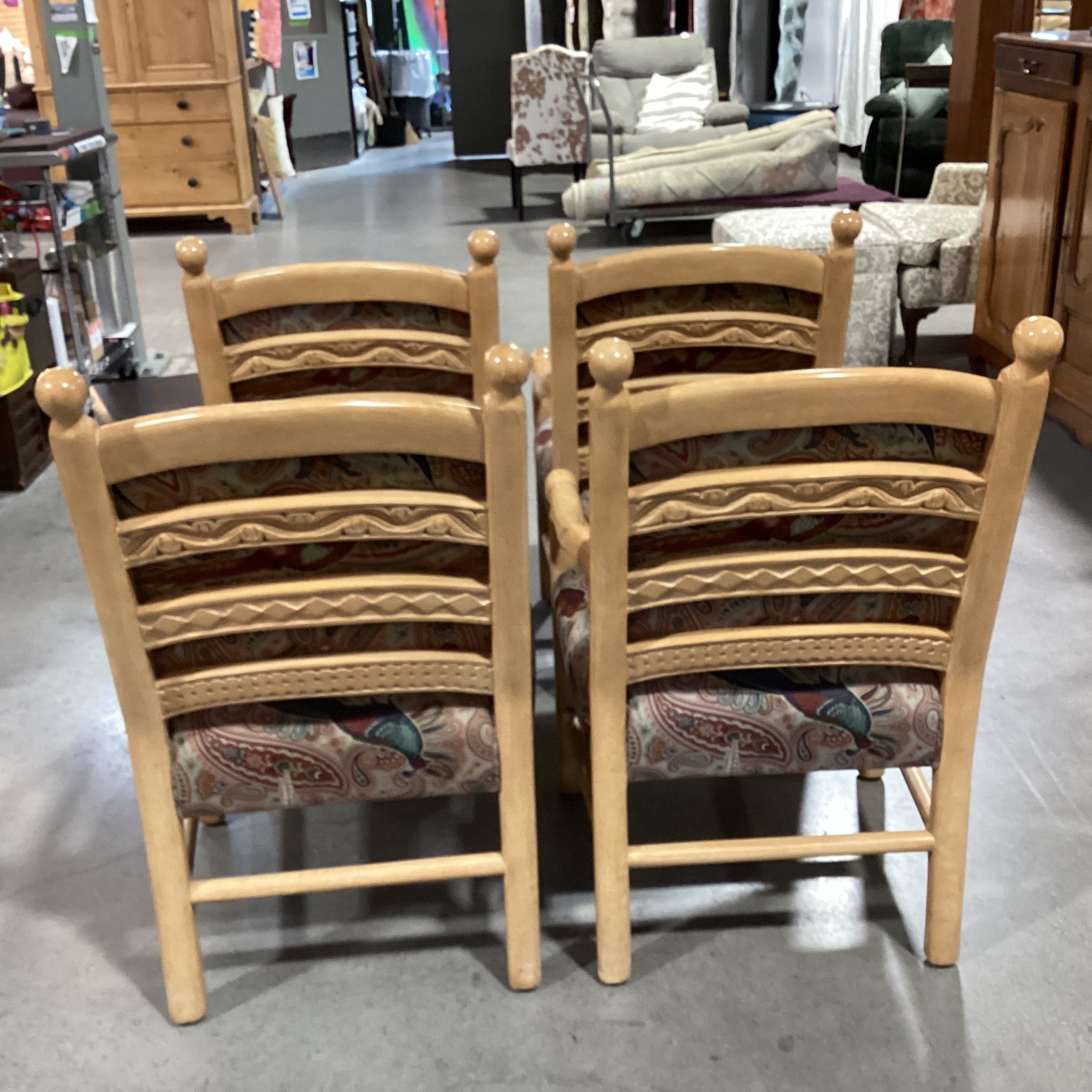 SET of 4 Beverly Interiors Custom Carved Wood & Rust Teal Pheasant Upholstered Armed Dining Chairs 24"x 25"x 39"