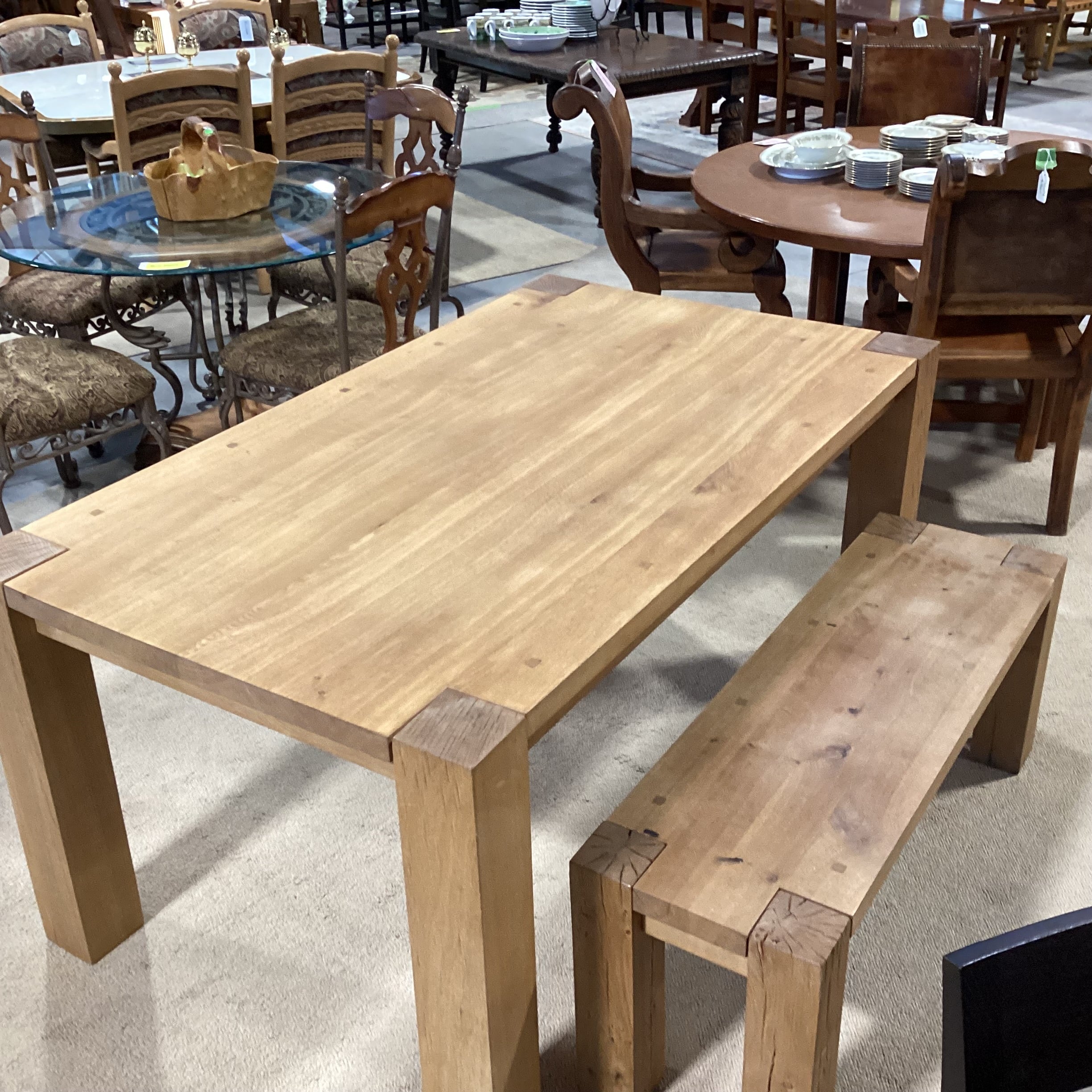 Crate & Barrel Ylifanti Rustic Solid Oak Table with Bench Dining Set 65"x 38"x 30.5"