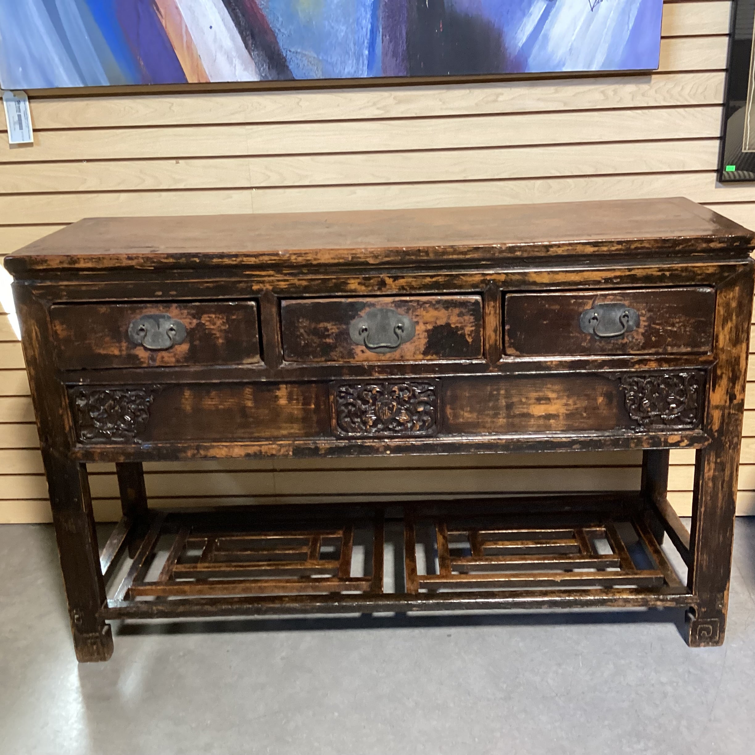 Vintage Antique Asian Carved Wood Lacquer Distressed Buffet 54.5"x 18.5"x 35"