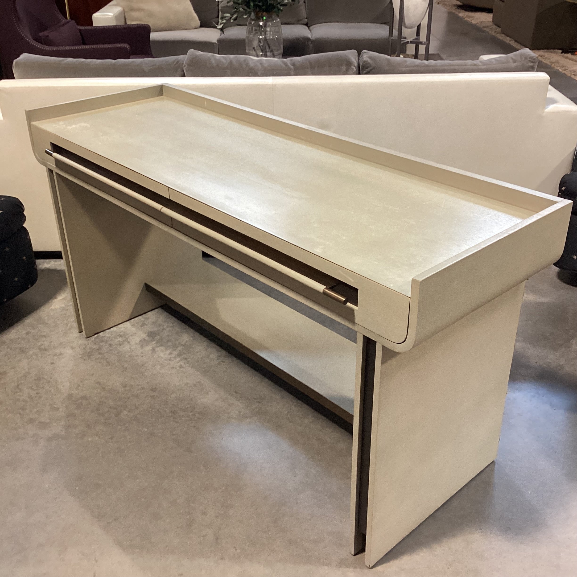 Barbara Barry for Baker Furniture Sage Grey Washed Wood & Veneer with Leather Lined Softclose Drawers Desk 62"x 22"x 32"