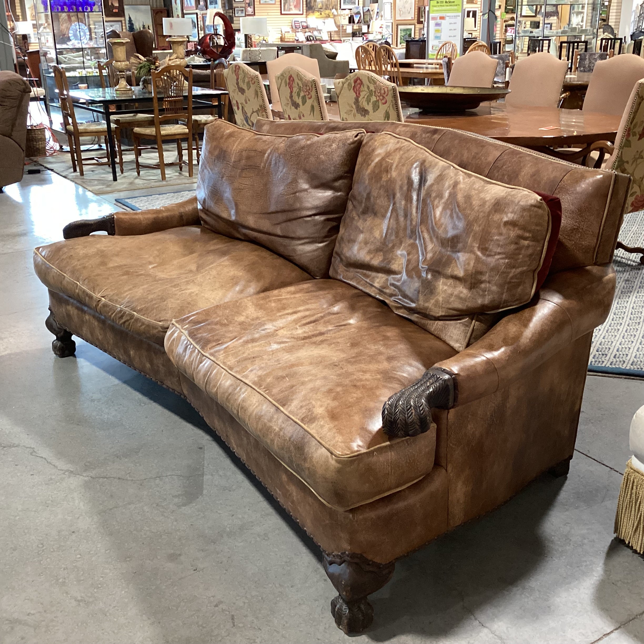 Carol Hicks Bolton & E J Victor Distressed Leather with Reversible Burgundy Velvet Cushions Ornate Carved Wood Down Mix Sofa 92"x 46"x 40"