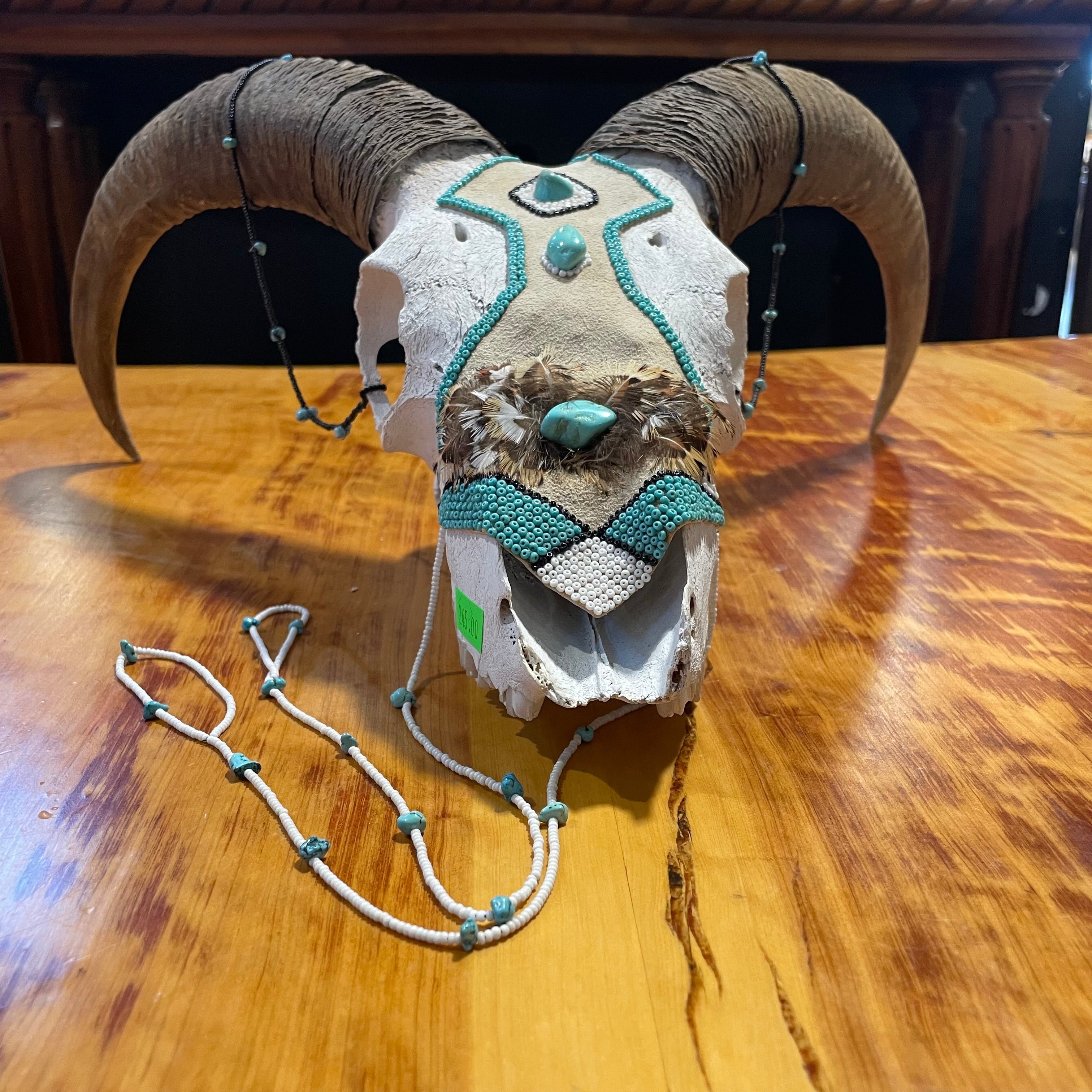 Southwestern Style Beaded, Turquoise Stones & Feathers Ram Skull, 16.75"x 13.5"x 7"