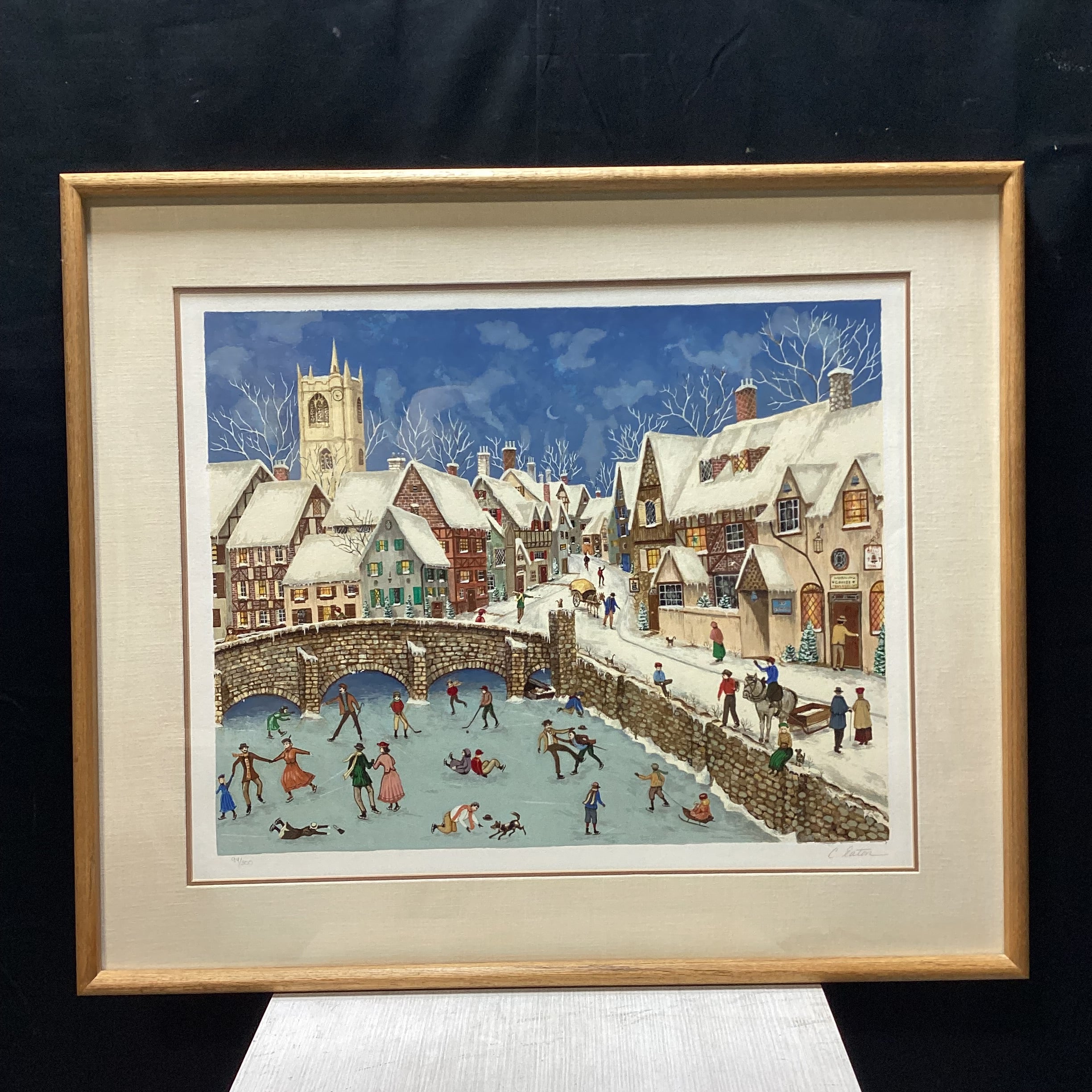 Vintage Catherine Eaton Signed Limited Edition "Winter Village Scene" Framed Serigraph Print 35" x 30"