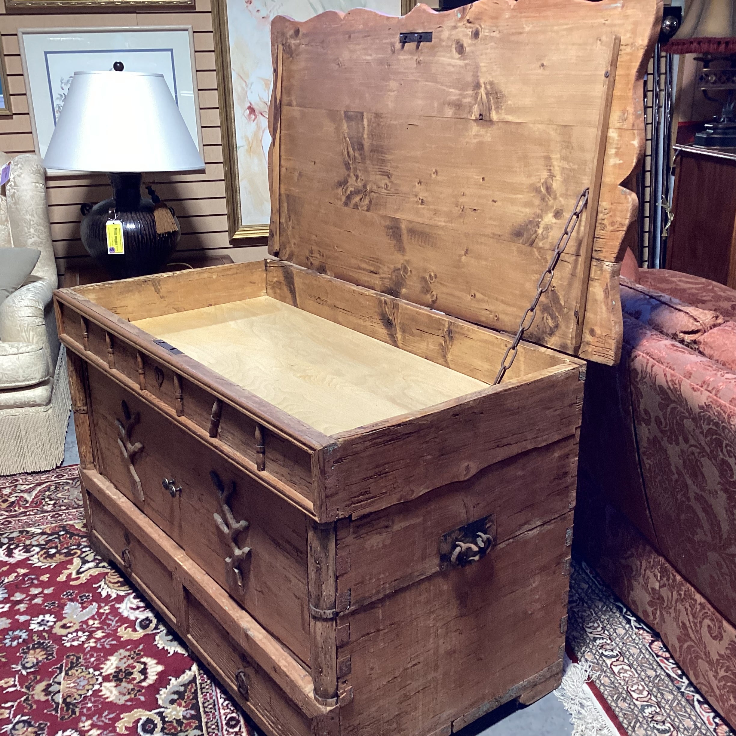 Antique Carved Pine with Repurposed Drawers Chest Trunk 52"x 28"x 33"