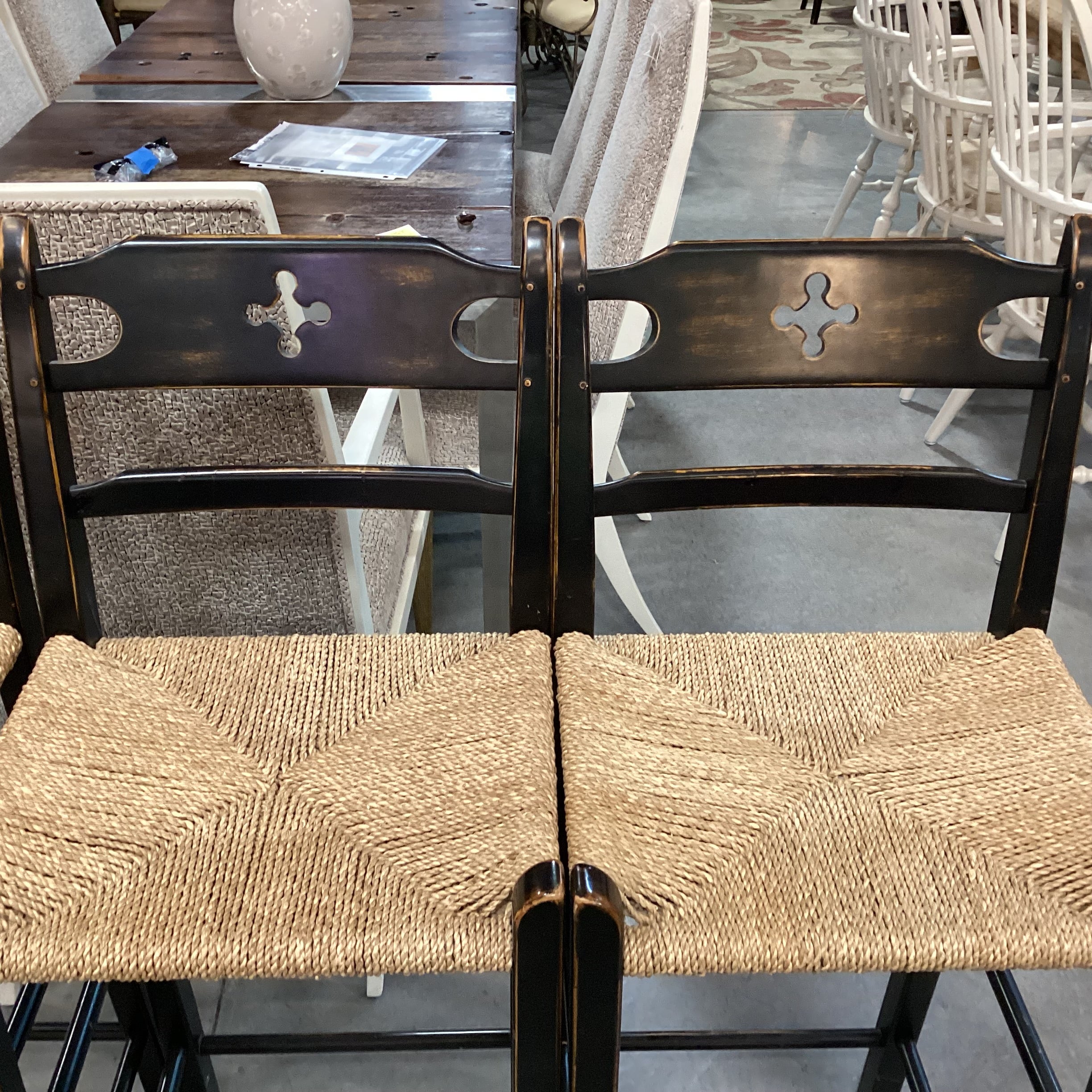 SET of 4 Wolf Diamond Point in Black Hand Sanded Maple Woven Seagrass Seat Barstools 30"