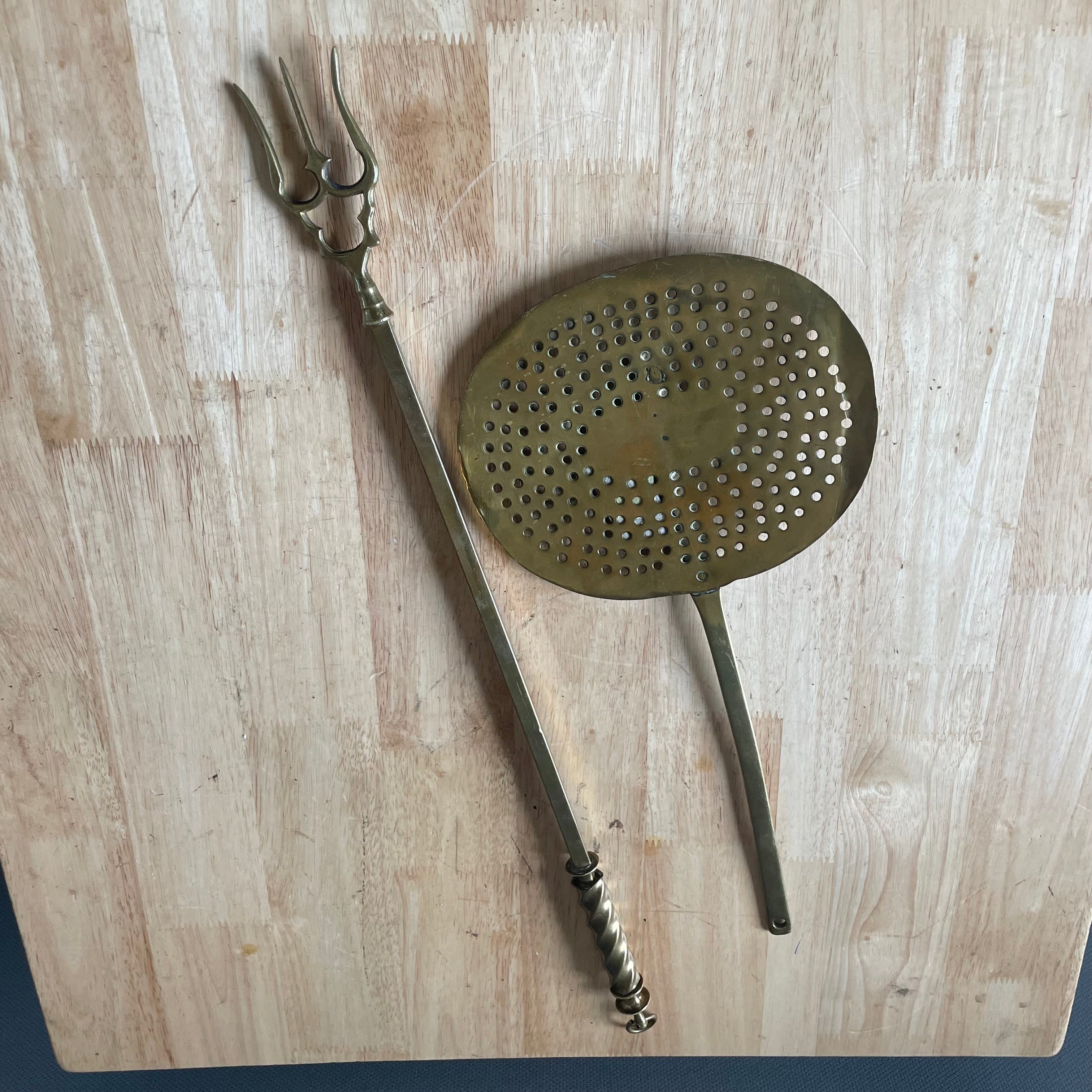Set of 2 Antique 19th Century Brass Finialed Toasting Fork and Brass Skimmer
