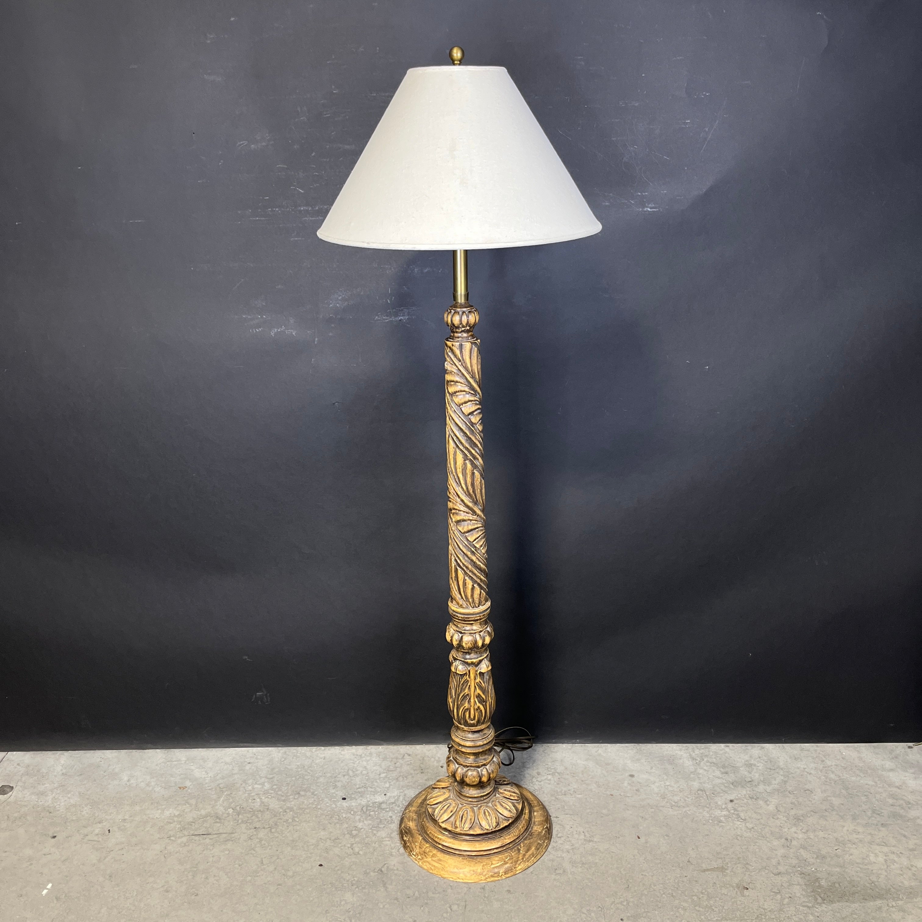 Marbro Original Hand Crafted Ornate Carved Wood and Brass with Shade Floor Lamp 19” Diameter @ Shade x 60”