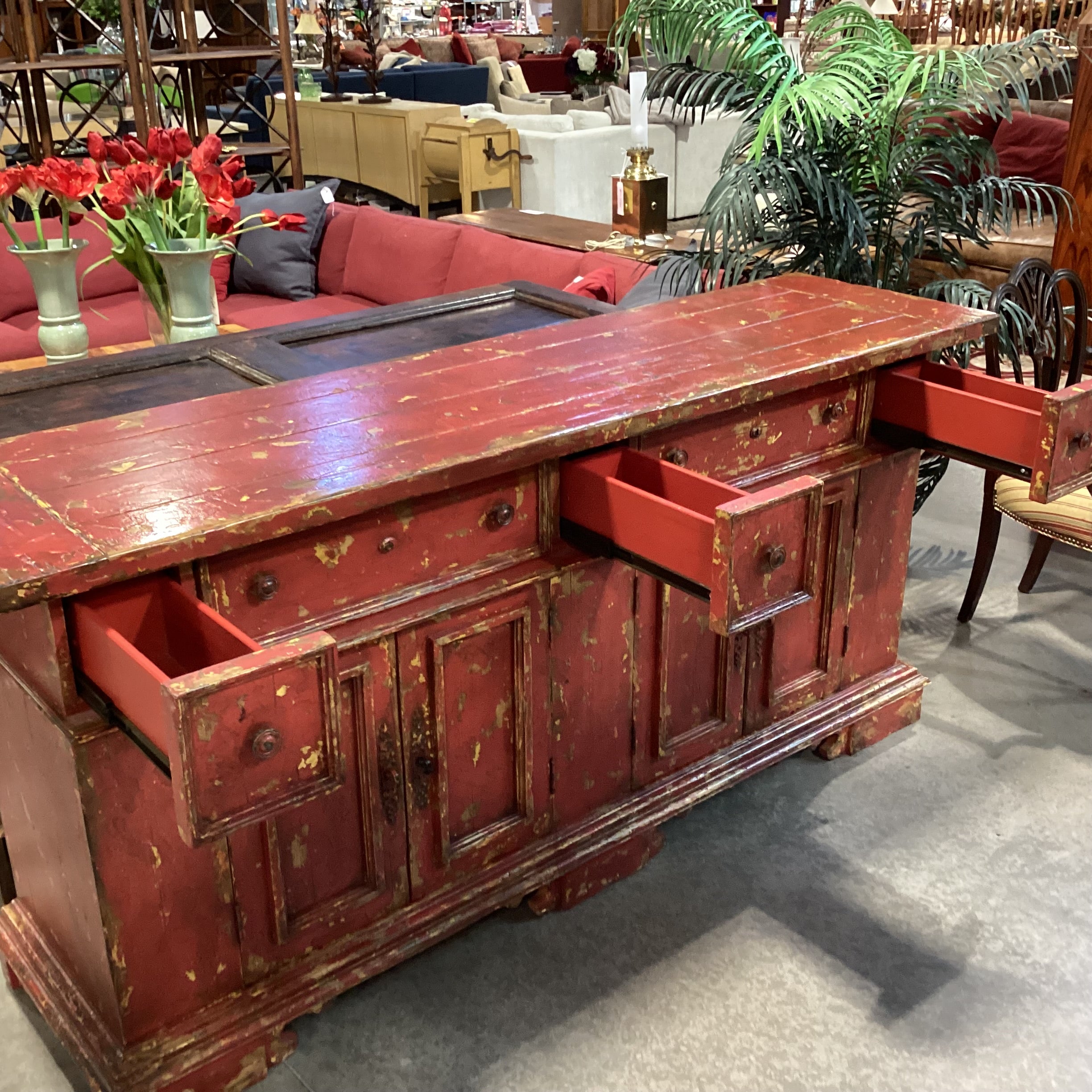 Red & Gold Textured Antiqued Finish Solid Wood 5 Drawer 4 Door Credenza 83"x 22"x 39"