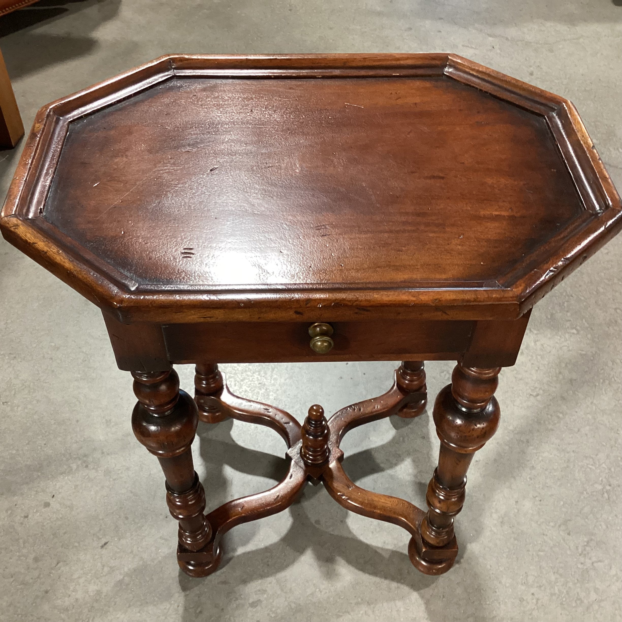 Ornate Carved Distressed Solid Wood 1 Drawer with Based Trestle Detail End Table 26"x 18"x 28.5"