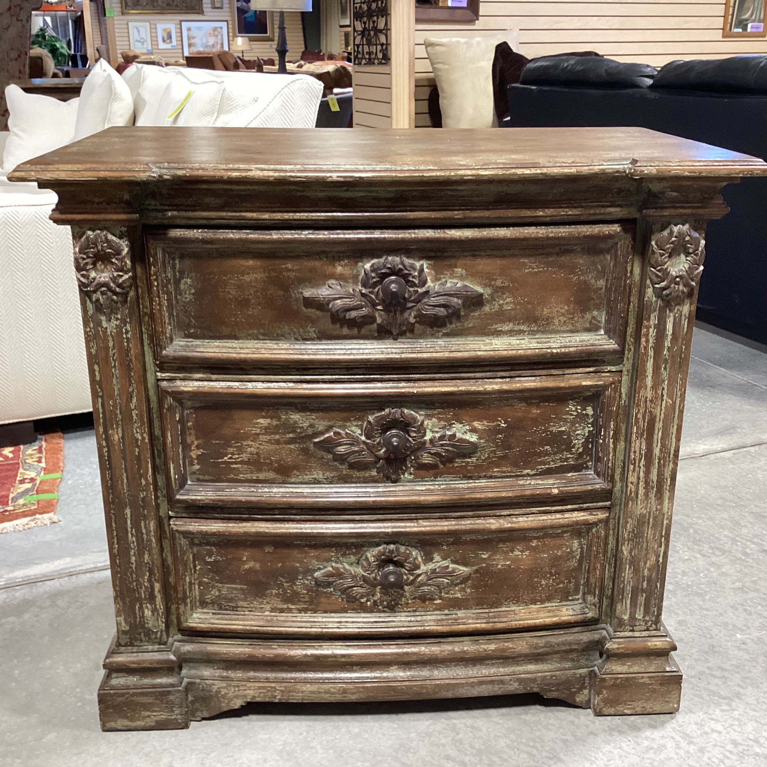 Antiqued Distressed Carved Wood 3 Drawer Nightstand 36"x 20"x 33"