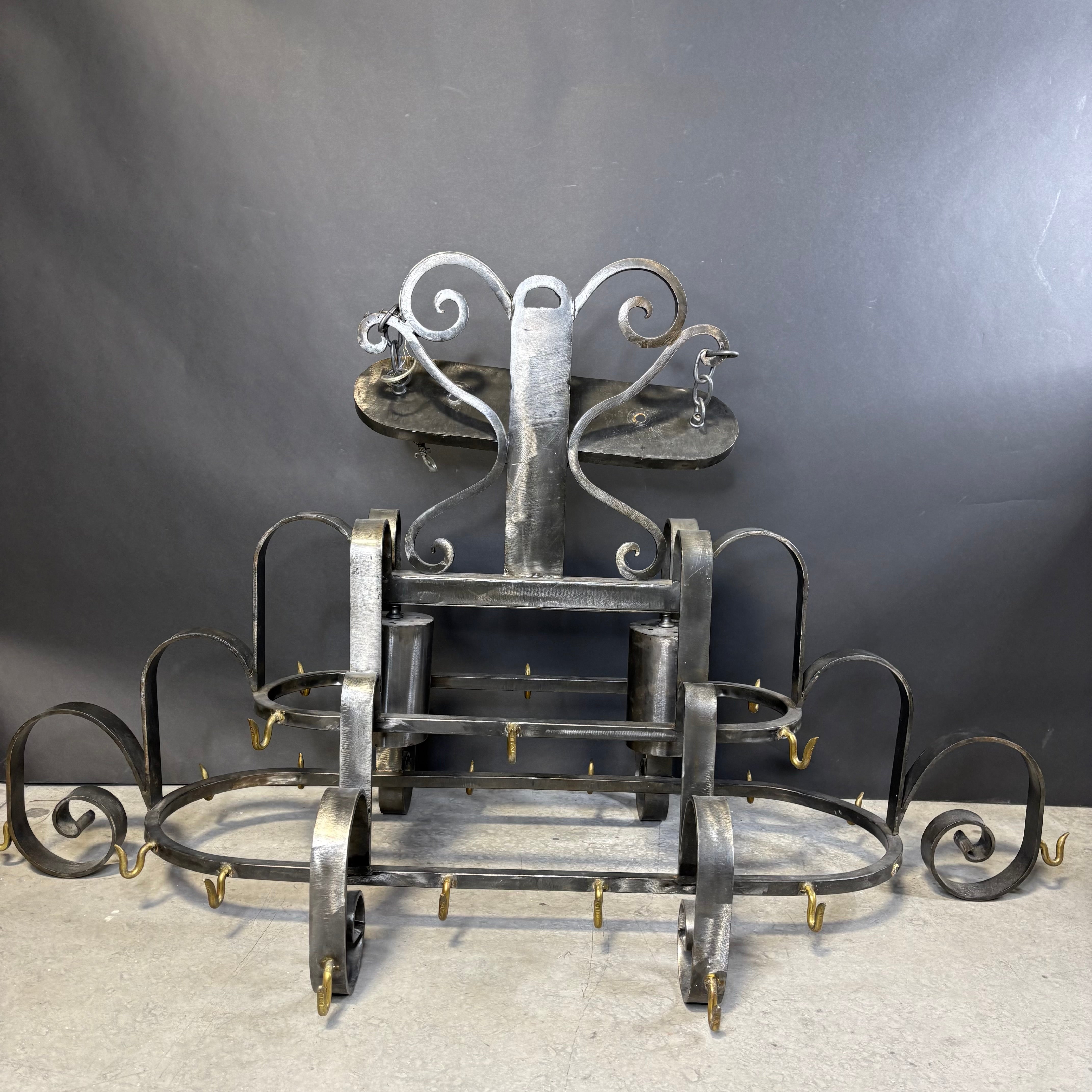 Hand Forged 2-Light Gun Metal Iron Pot Rack Chandelier 57”x 36”x 32”
