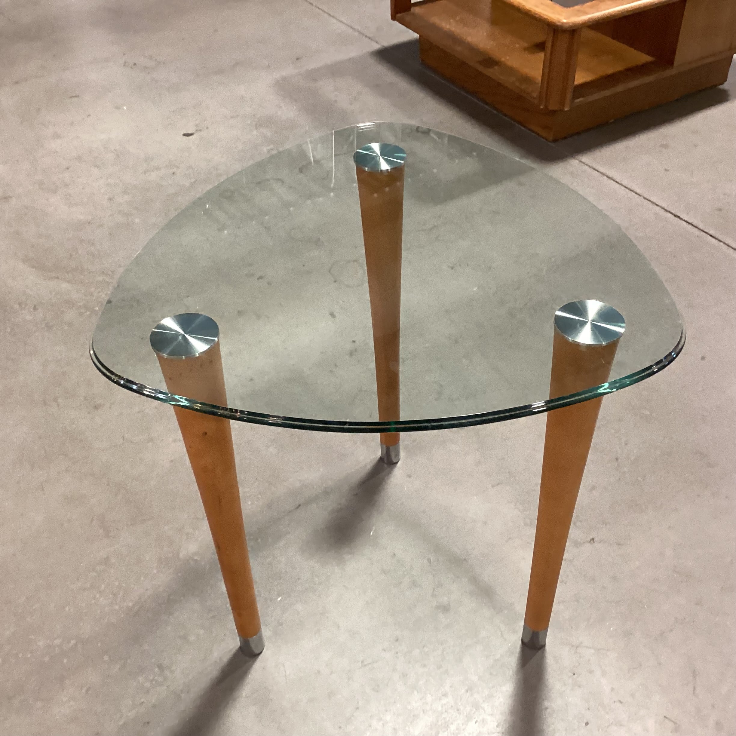 Modern Triangle Glass & Wood Legs End Table 26"x 26"x 26"