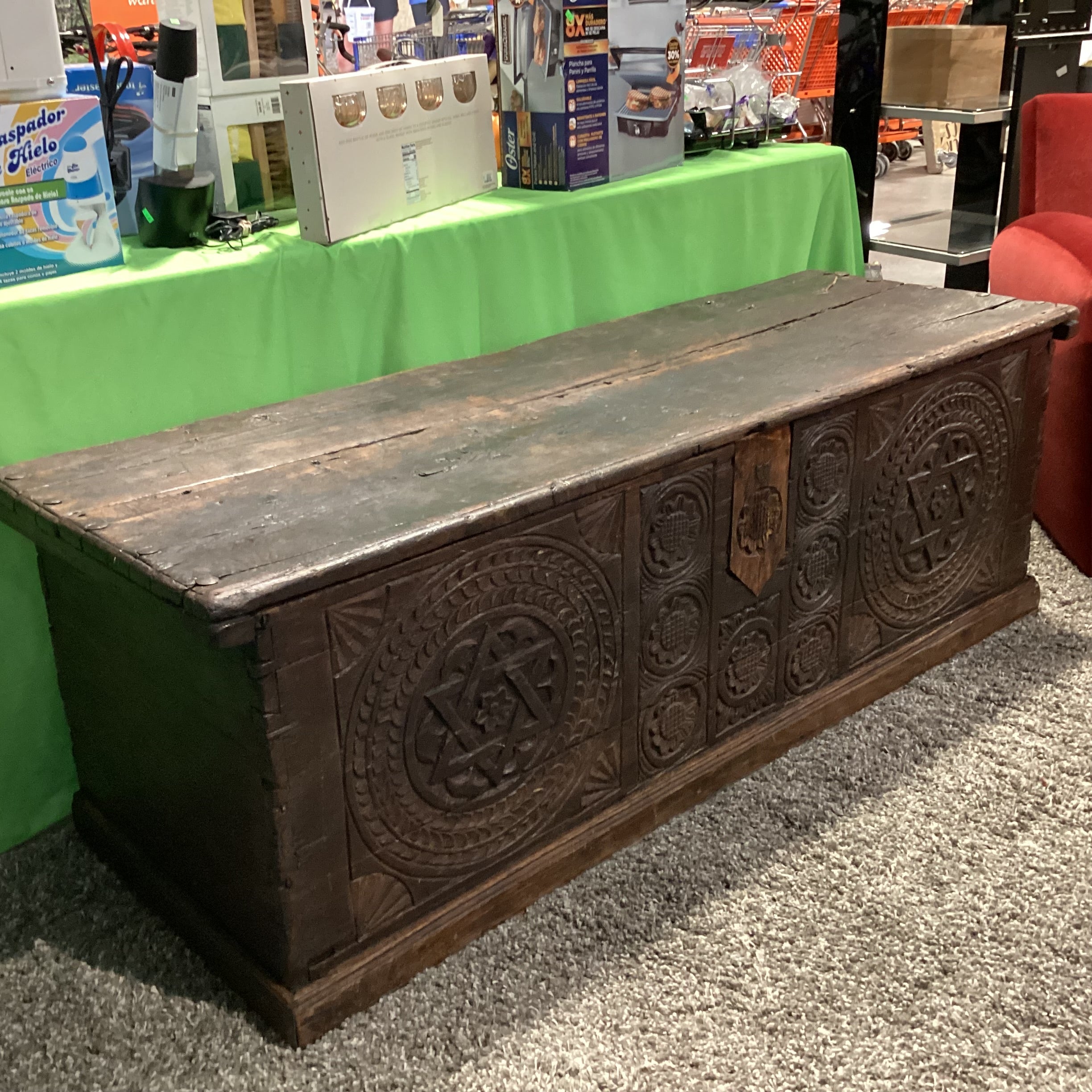 Antique 13th to 17th Century European Chip Carved Oak Hexagram & Geometric Rosettes Blanket Chest or Dowry Trunk 68"x 24"x 24"