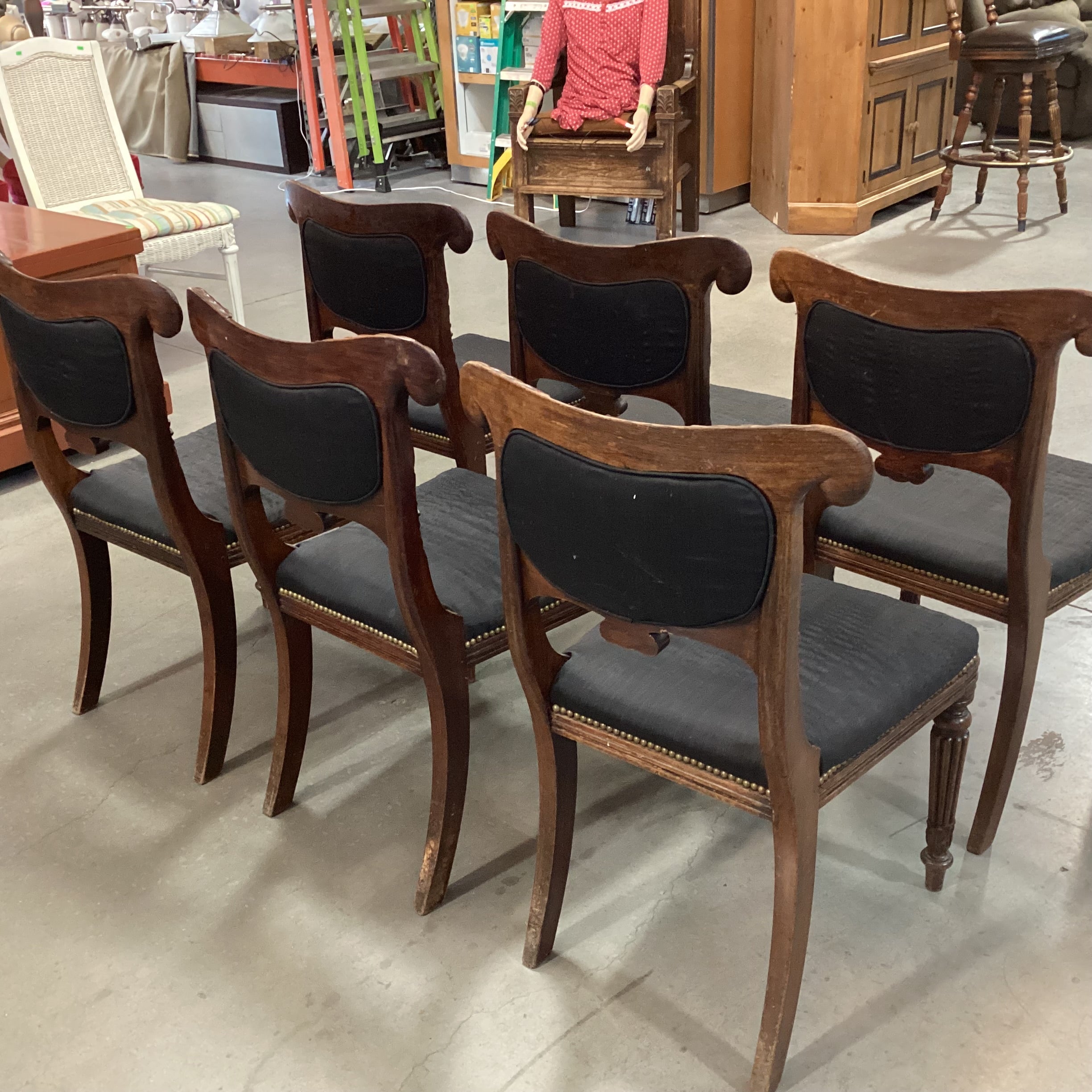 SET of 6 Antique Carved Wood & Black Upholstered Nailhead Dining Chairs 20"x 20"x 33.5"